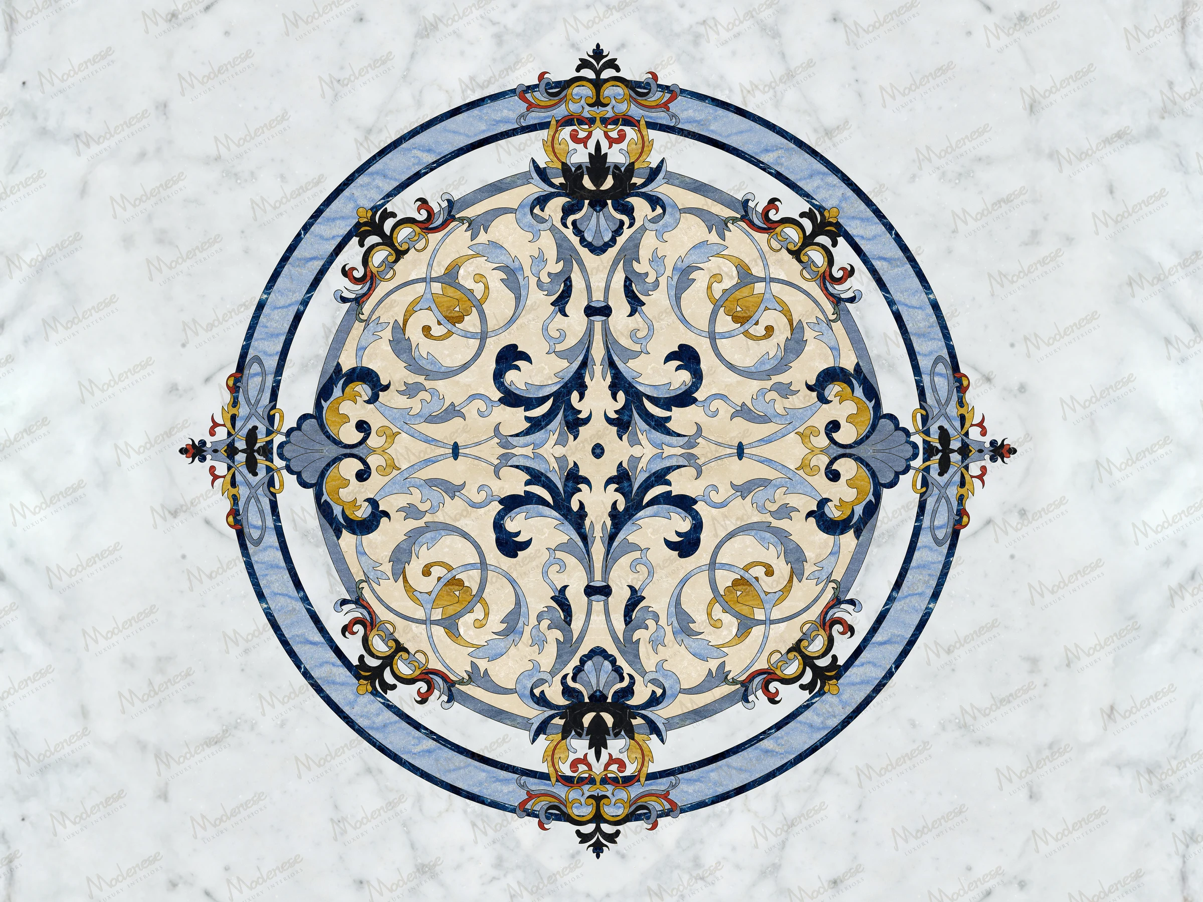 Circular marble medallion design in Virginia with elaborate blue and gold arabesque patterns framed by a double-ringed border