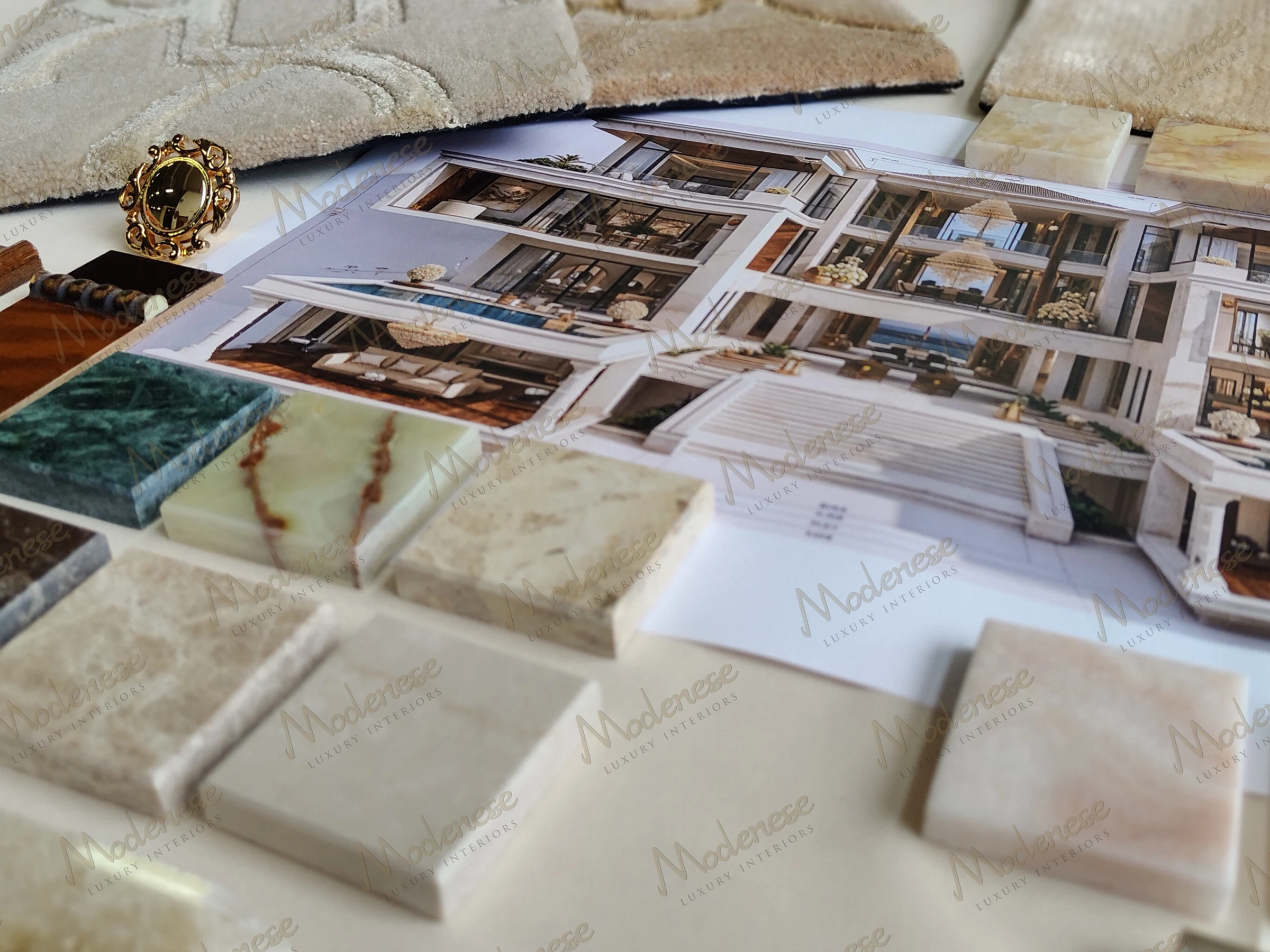 Luxury marble fit-out board with marble and onyx samples, architectural villa rendering, material selection for high-end interior design by Modenese Luxury Interiors