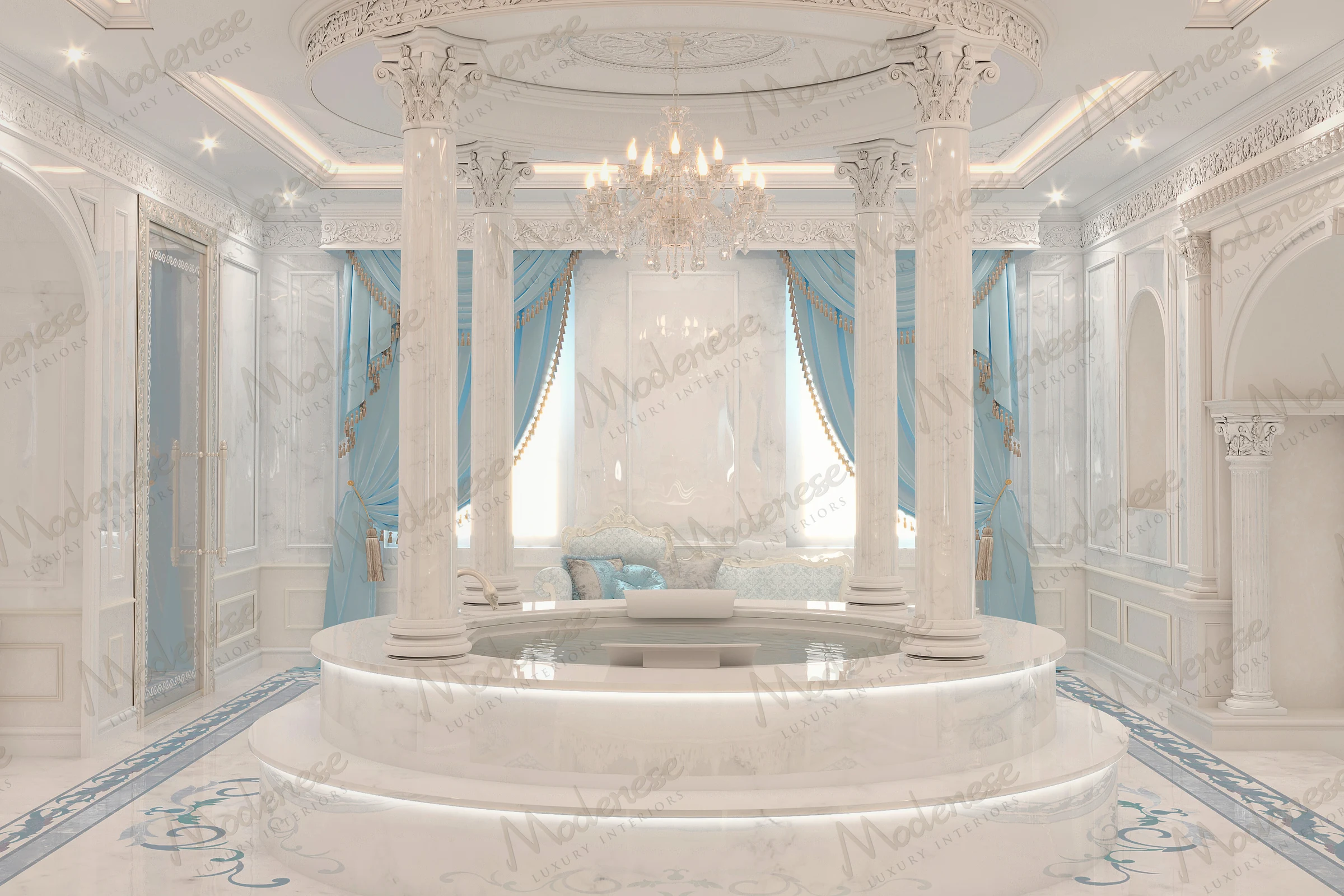 Regal Lagos bathroom design with a raised marble tub, glowing LED steps, Corinthian columns, and floor-to-ceiling drapes in soft blue tones