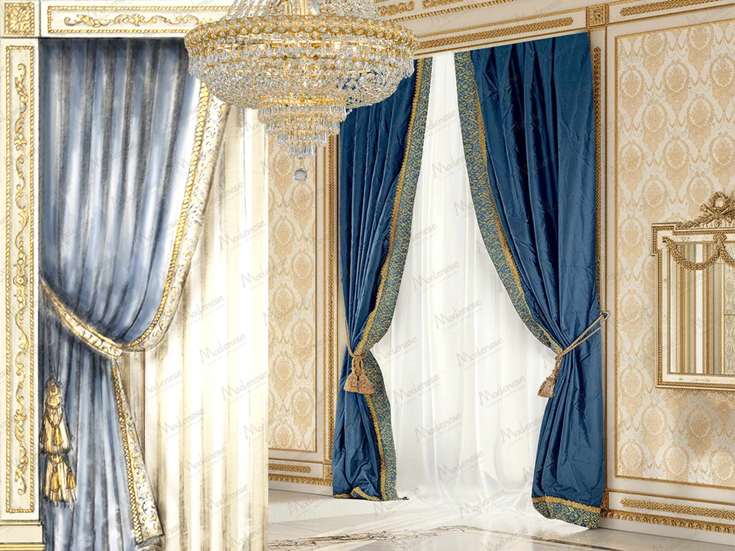 Deep blue satin drapery with gold trim and tassels displayed in a regal interior, paired with a detailed fabric proposal illustration and crystal chandelier above