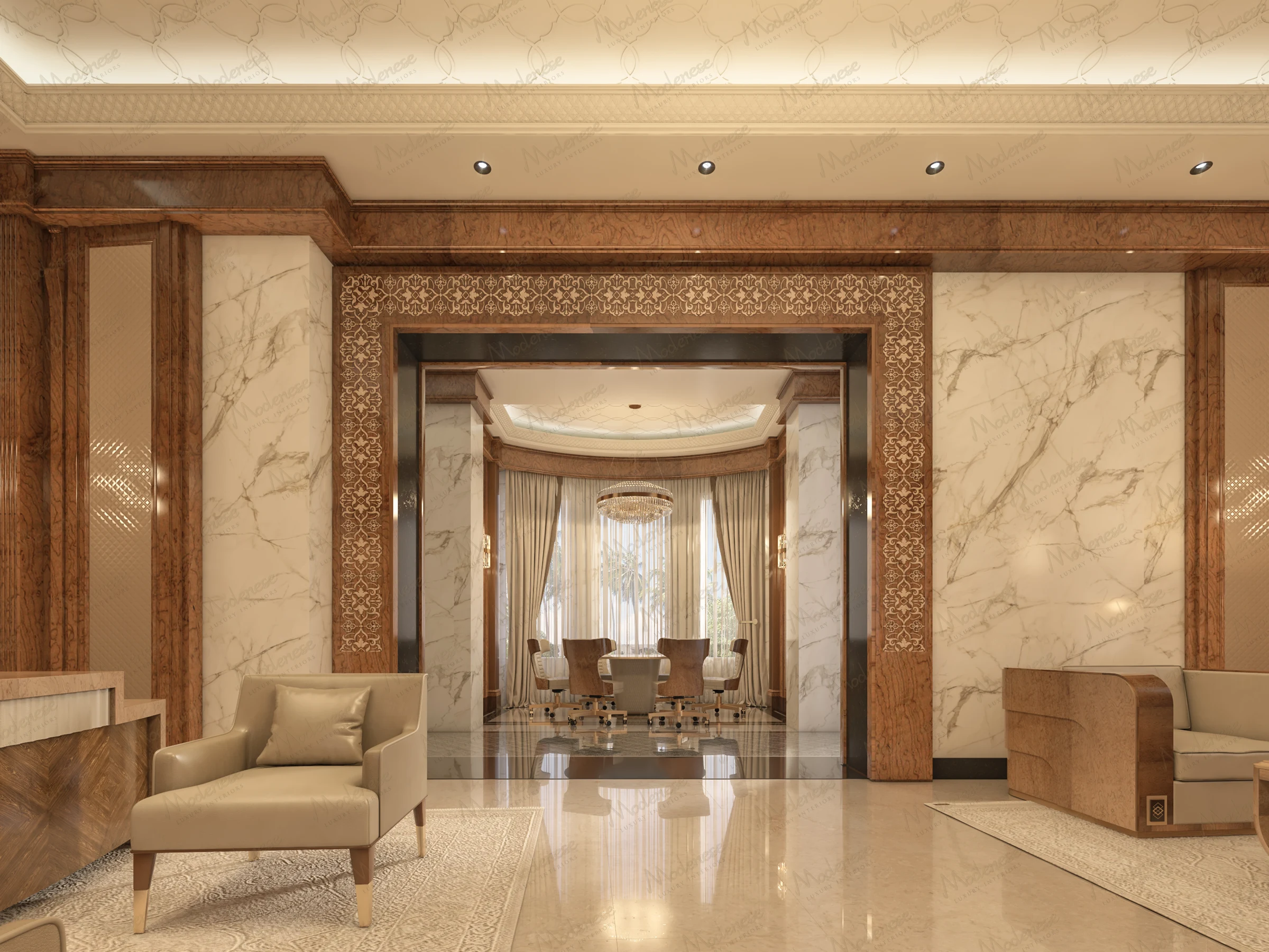 Modern reception lounge in a Doha interior with marble walls, light beige seating, and decorative wooden trim featuring Arabesque patterns