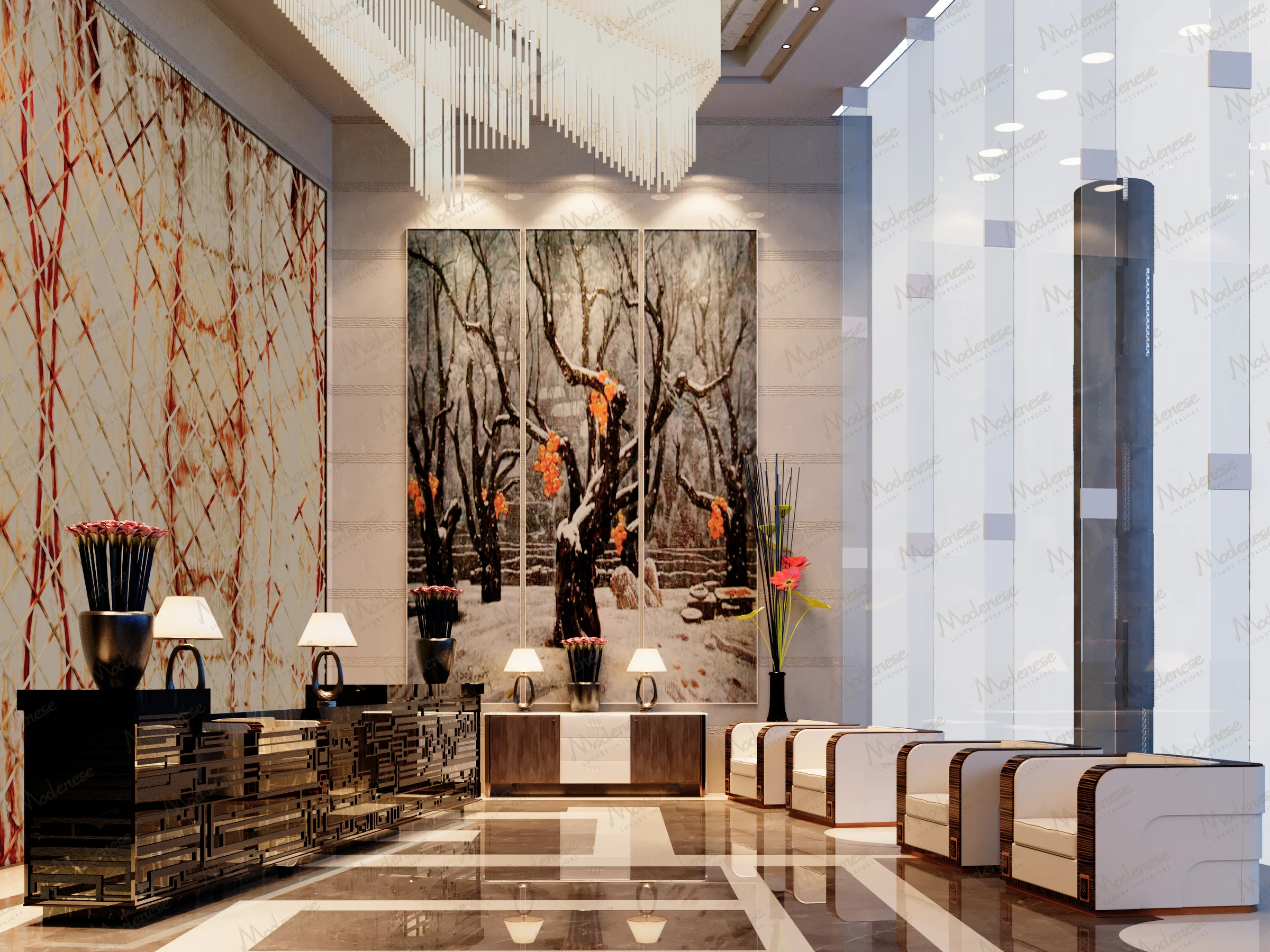 Modern luxury lobby in Dubai featuring artistic wall panels, abstract paintings, designer sofas, and contemporary pendant lighting above polished marble floors