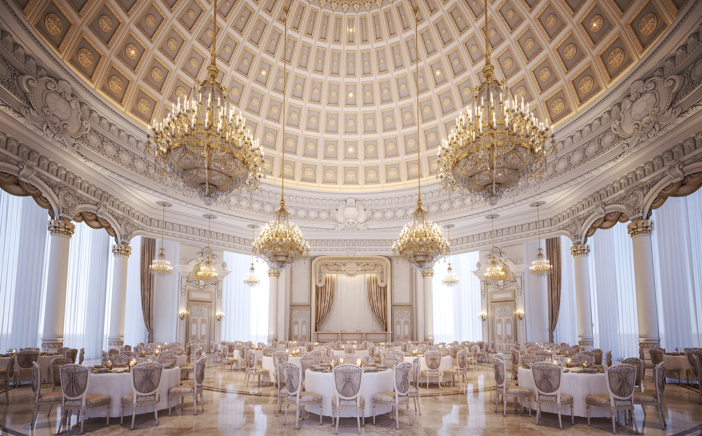 Opulent Riyadh master bedroom with light blue and ivory tones, intricate carved headboard, matching nightstands, and a view into a marble-clad bathroom suite