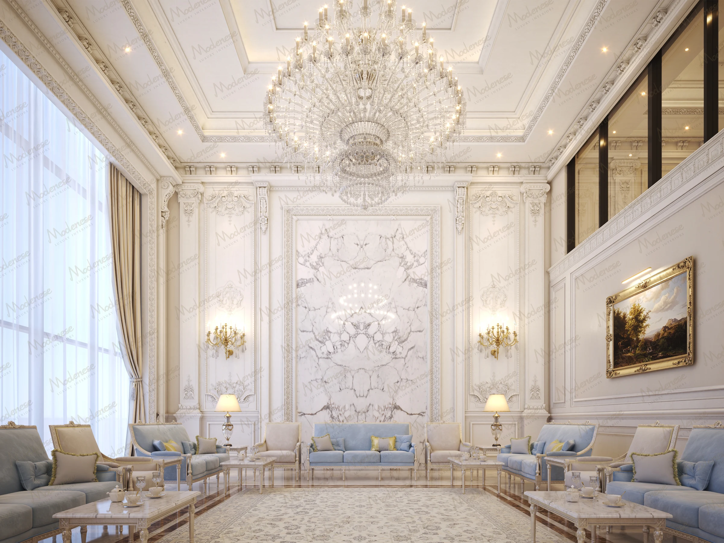 Elegant Riyadh reception hall with light blue and cream seating, a dramatic crystal chandelier, marble accent wall, and classical molding under tall ceilings