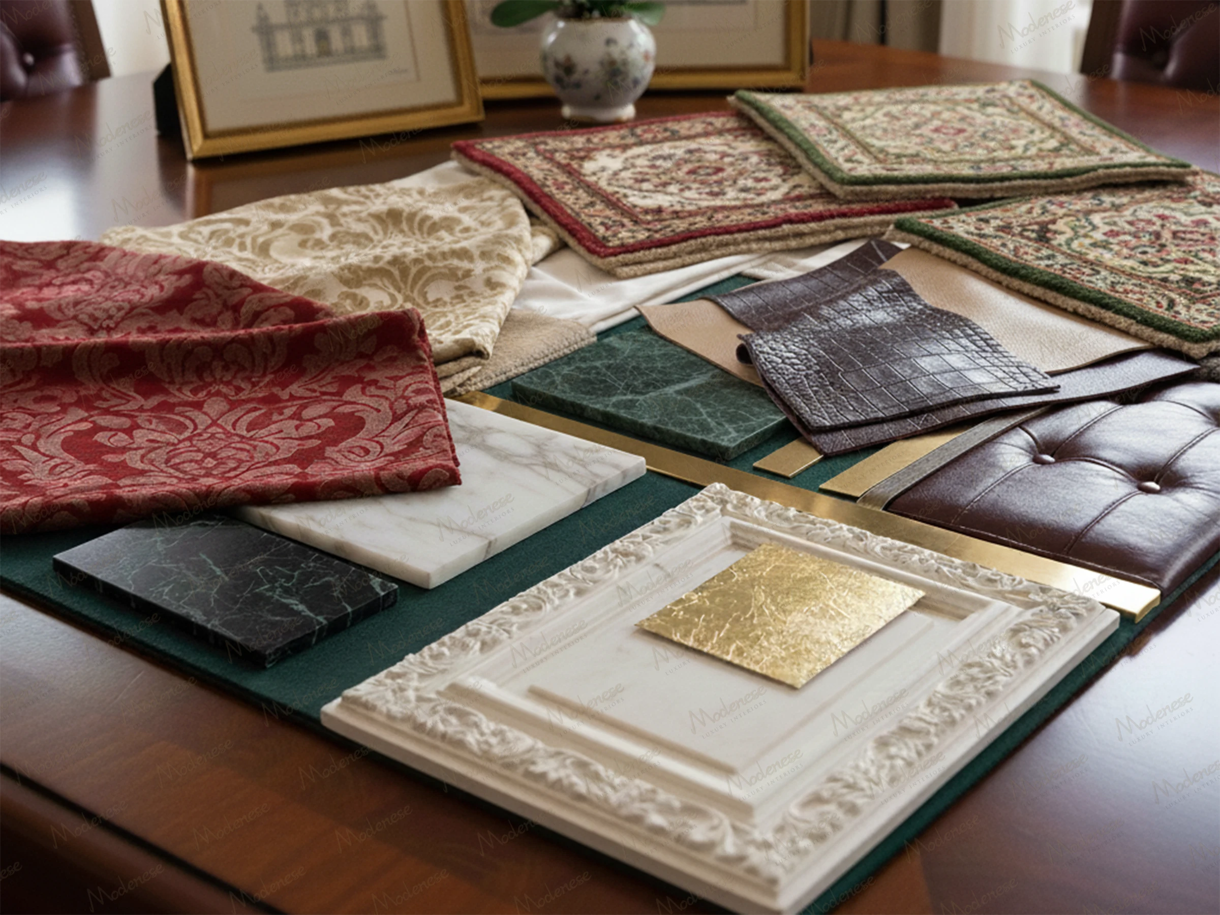 Close-up of high-end Milan interior design samples including damask fabrics, marble and wood tiles, embossed moldings, and gold leaf finishes