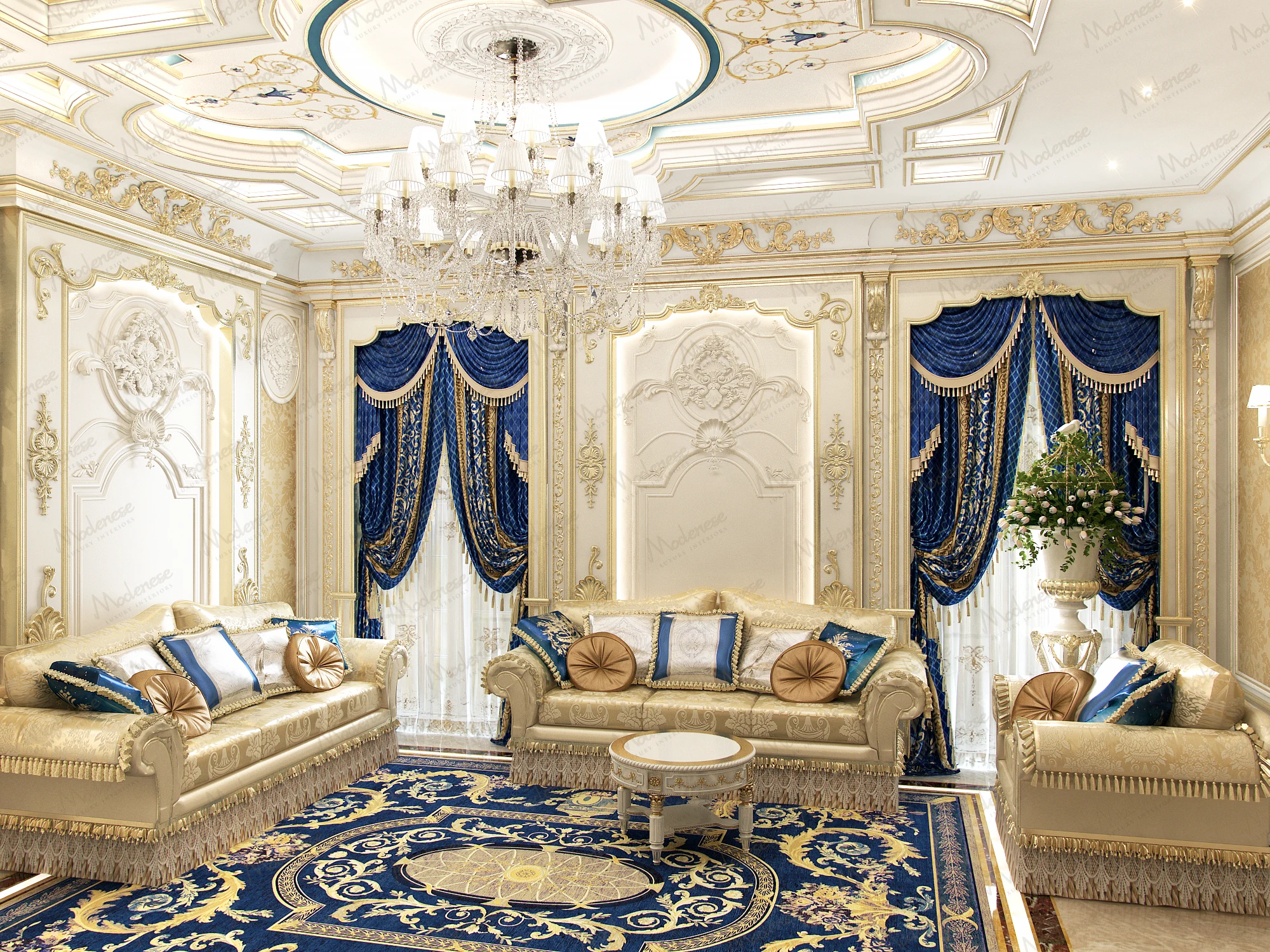 Lavish Milan living room with gilded wall panels, crystal chandelier, deep blue drapes, and coordinated sofas and cushions on a richly patterned carpet