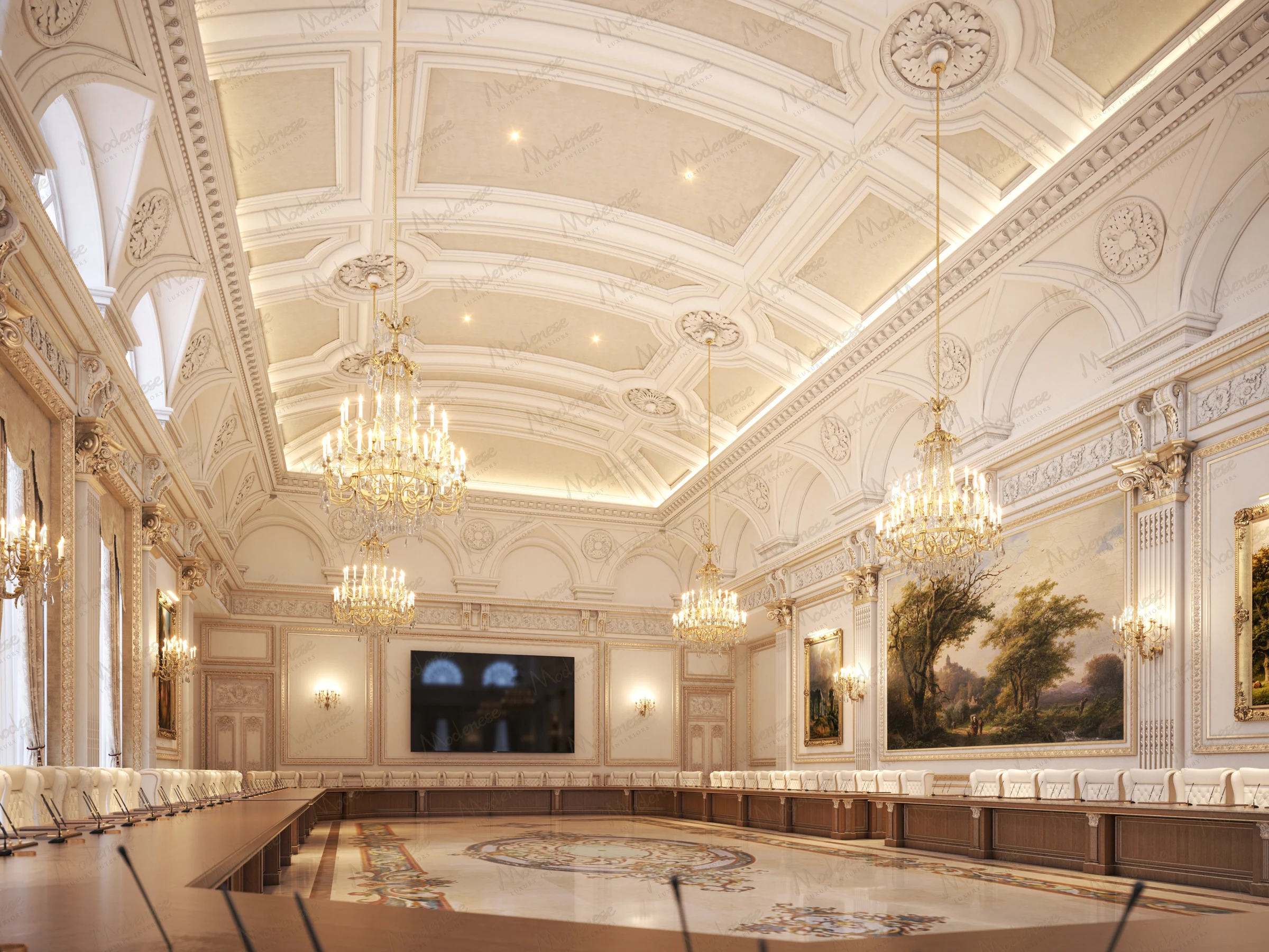 Lavish conference room in Amman with arched windows, long wooden tables, large landscape paintings, and gold chandeliers suspended from a coffered ceiling