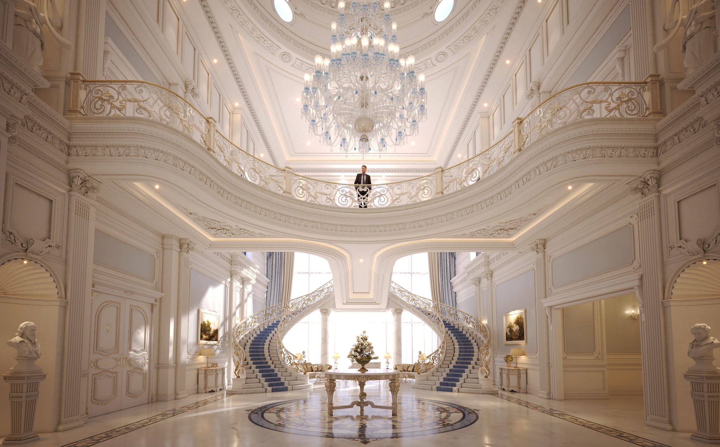Majestic ballroom in Riyadh with a domed coffered ceiling, multiple grand chandeliers, white and gold decor, and round dining tables arranged beneath ornate arches