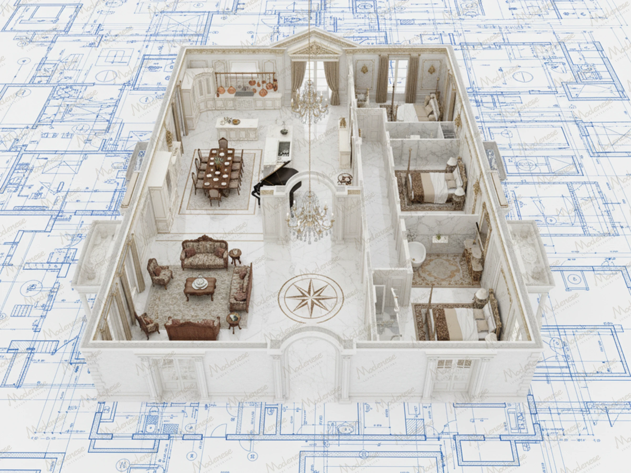 3D floor plan of a neoclassical Milan residence overlaid on architectural blueprints, showing luxurious interiors and detailed spatial layout
