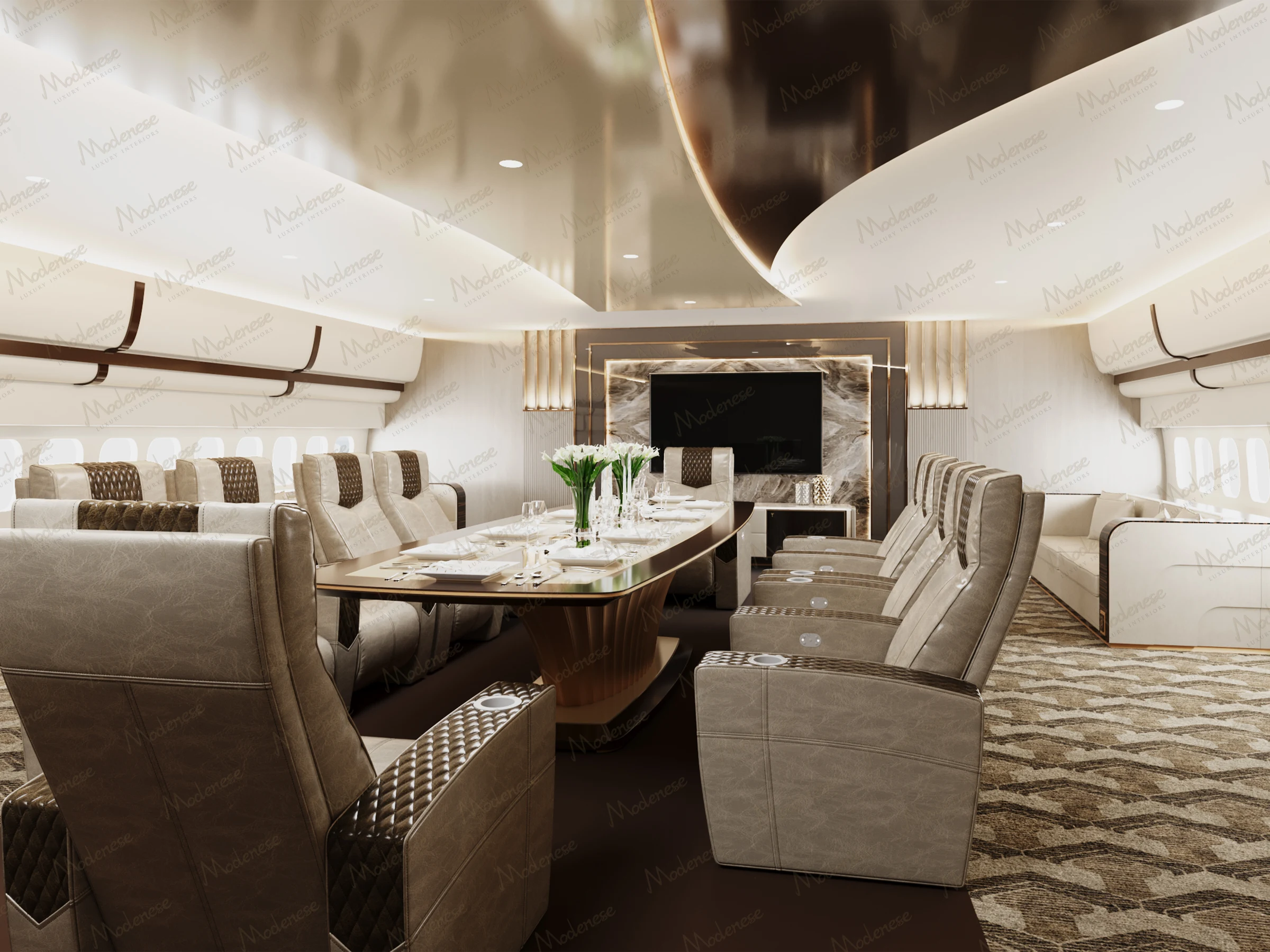 Ultra-luxurious private jet interior in Dubai with plush beige leather seating, a long central dining table, marble TV wall, and elegant curved ceiling design
