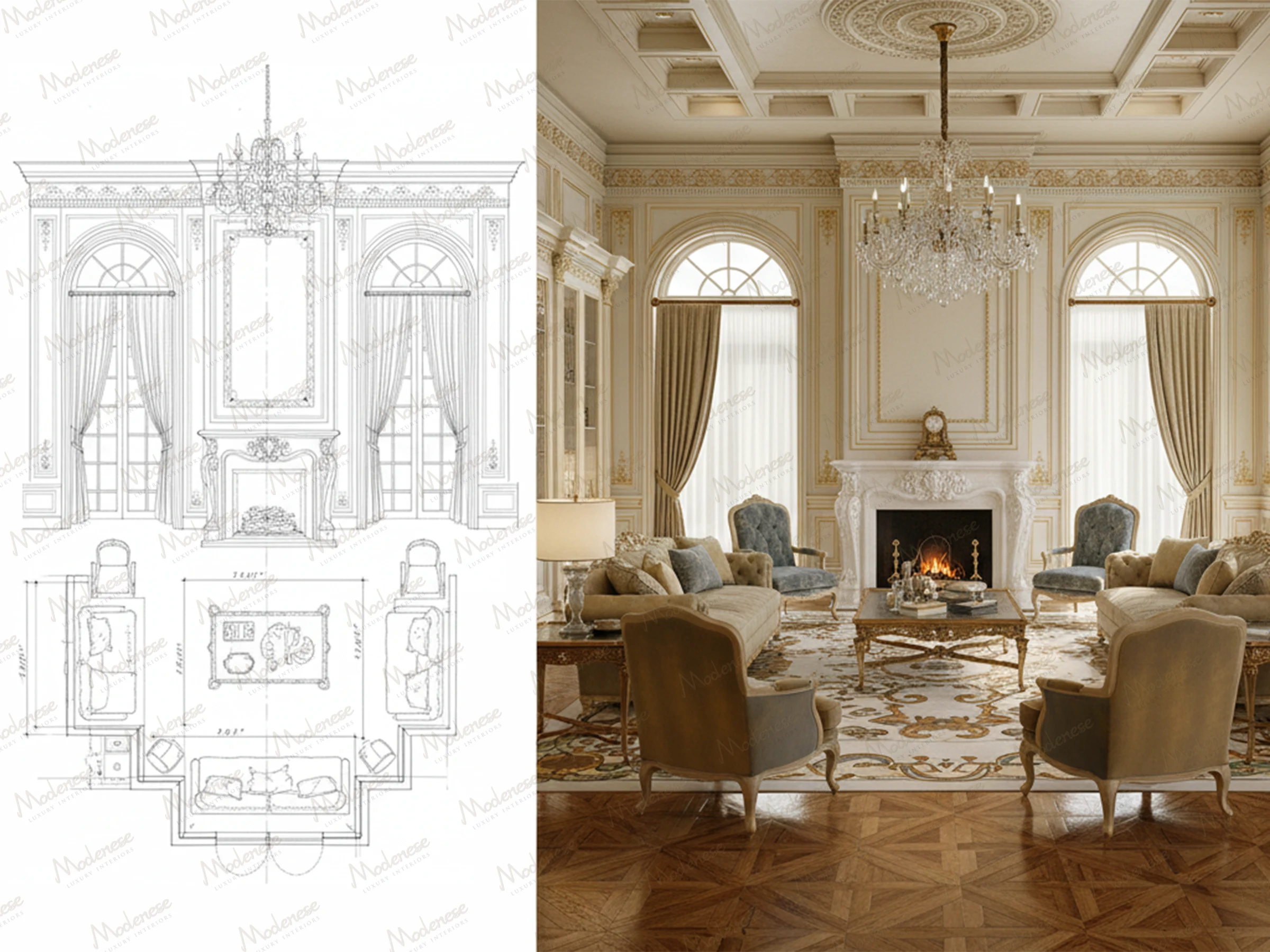 Side-by-side layout drawing and completed classical Milan sitting room with coffered ceiling, ornate fireplace, and elegant antique furniture