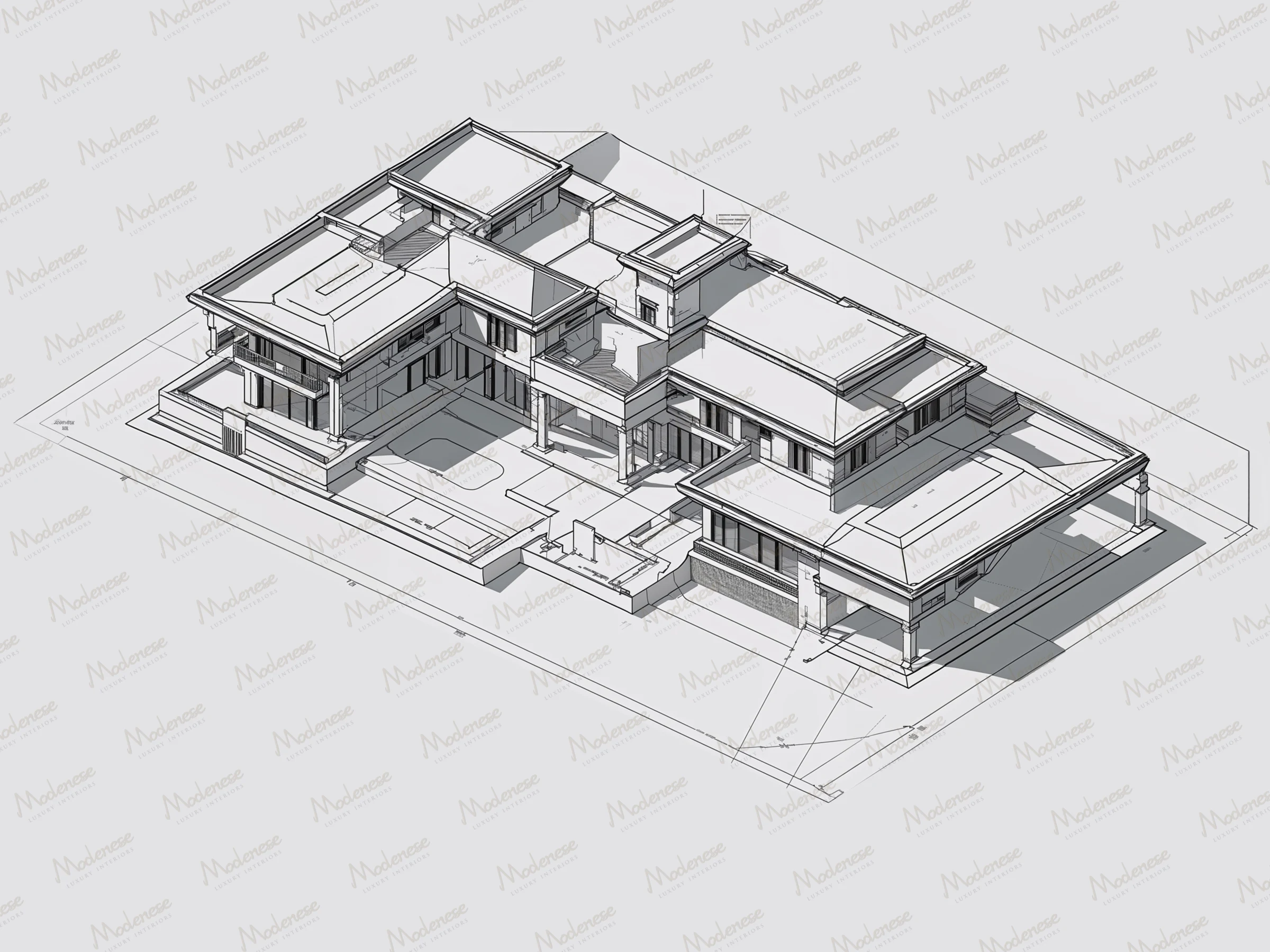 Black and white architectural rendering of a contemporary villa design in Milan featuring flat roofs, large windows, and an open courtyard layout