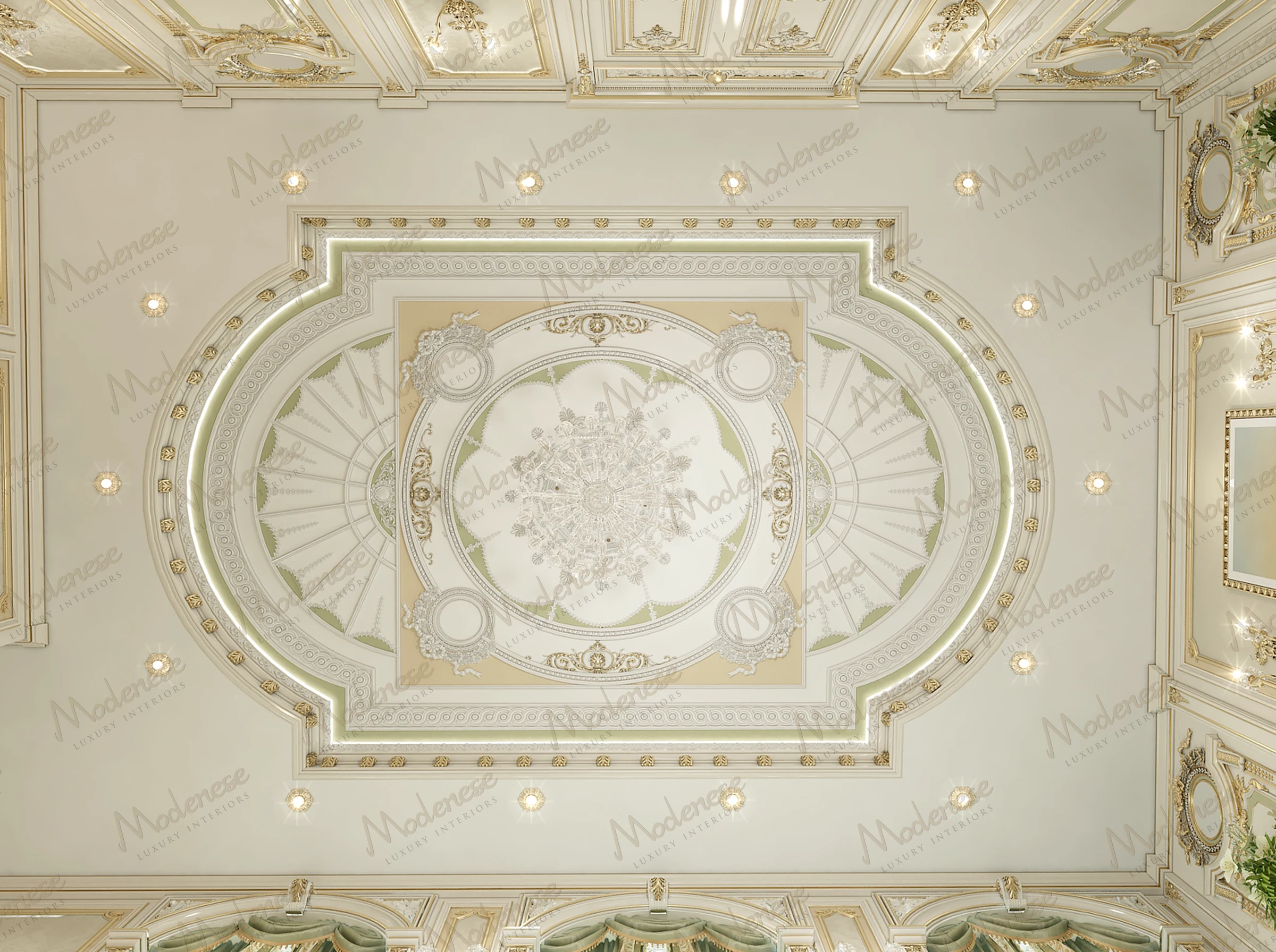 Intricate classical ceiling design with gold trim, ornamental plasterwork, and central crystal chandelier for luxury villa interiors by Modenese Luxury Interiors