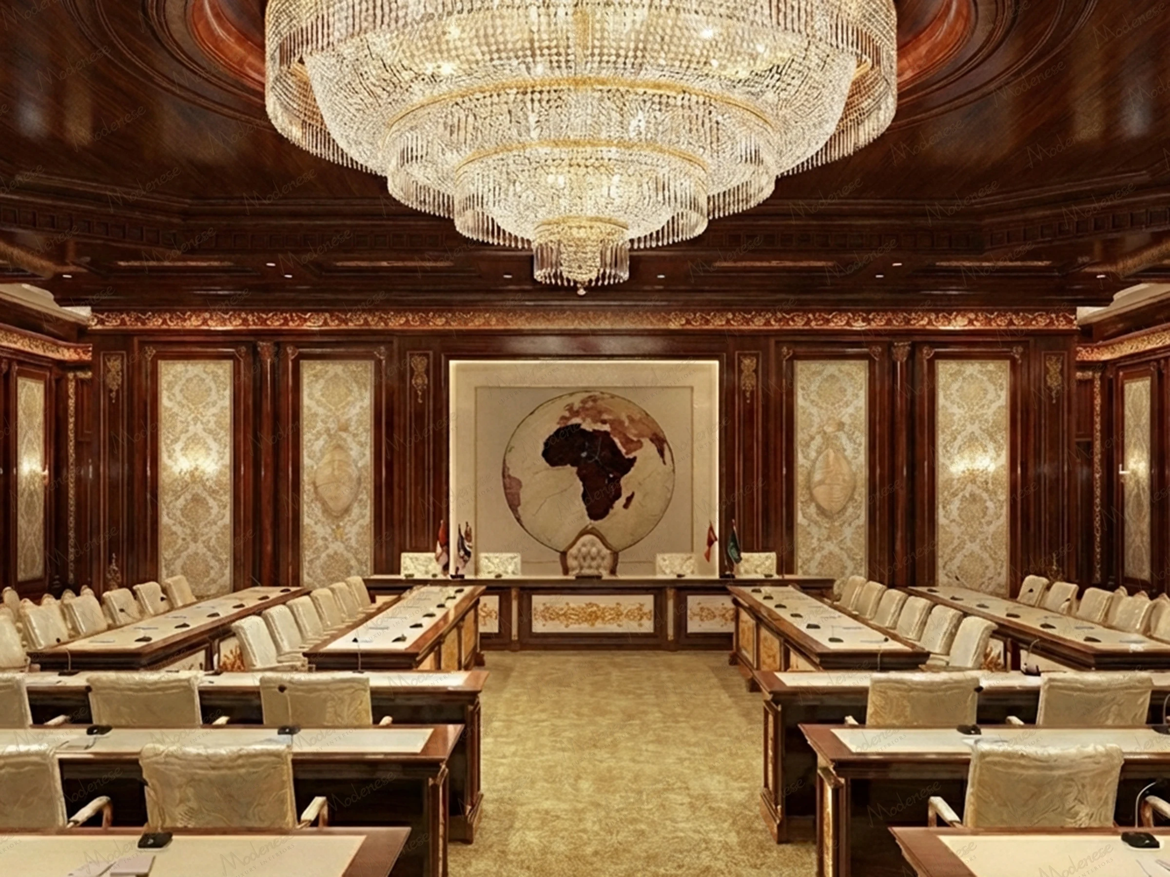 Diplomatic meeting room in Doha with a golden map of Africa as the backdrop, lined with crystal chandeliers and dark wood-paneled walls