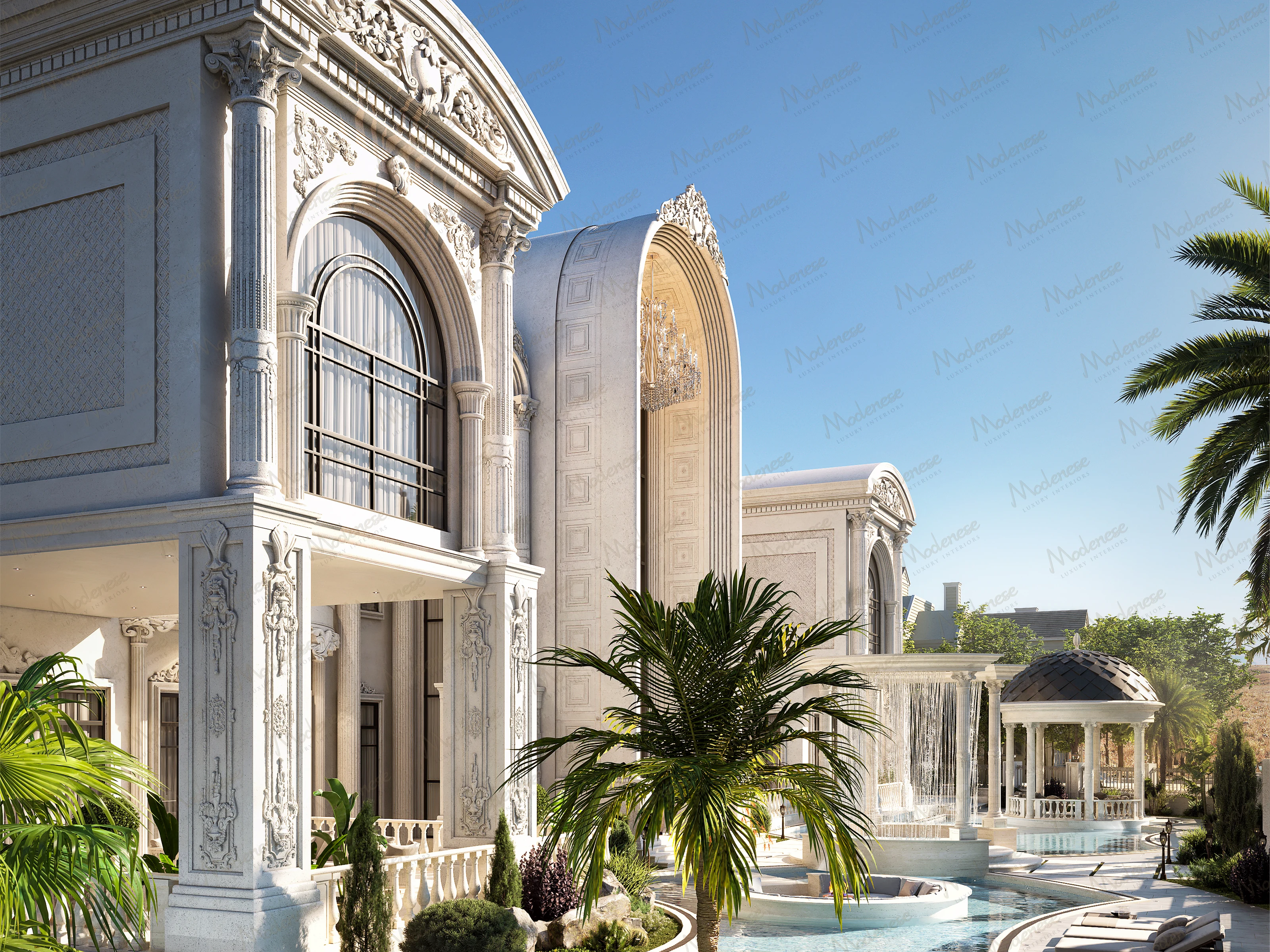 Elegant Dubai villa exterior with Corinthian columns, circular fire pit lounge set within a private pool, and cascading water features under blue skies