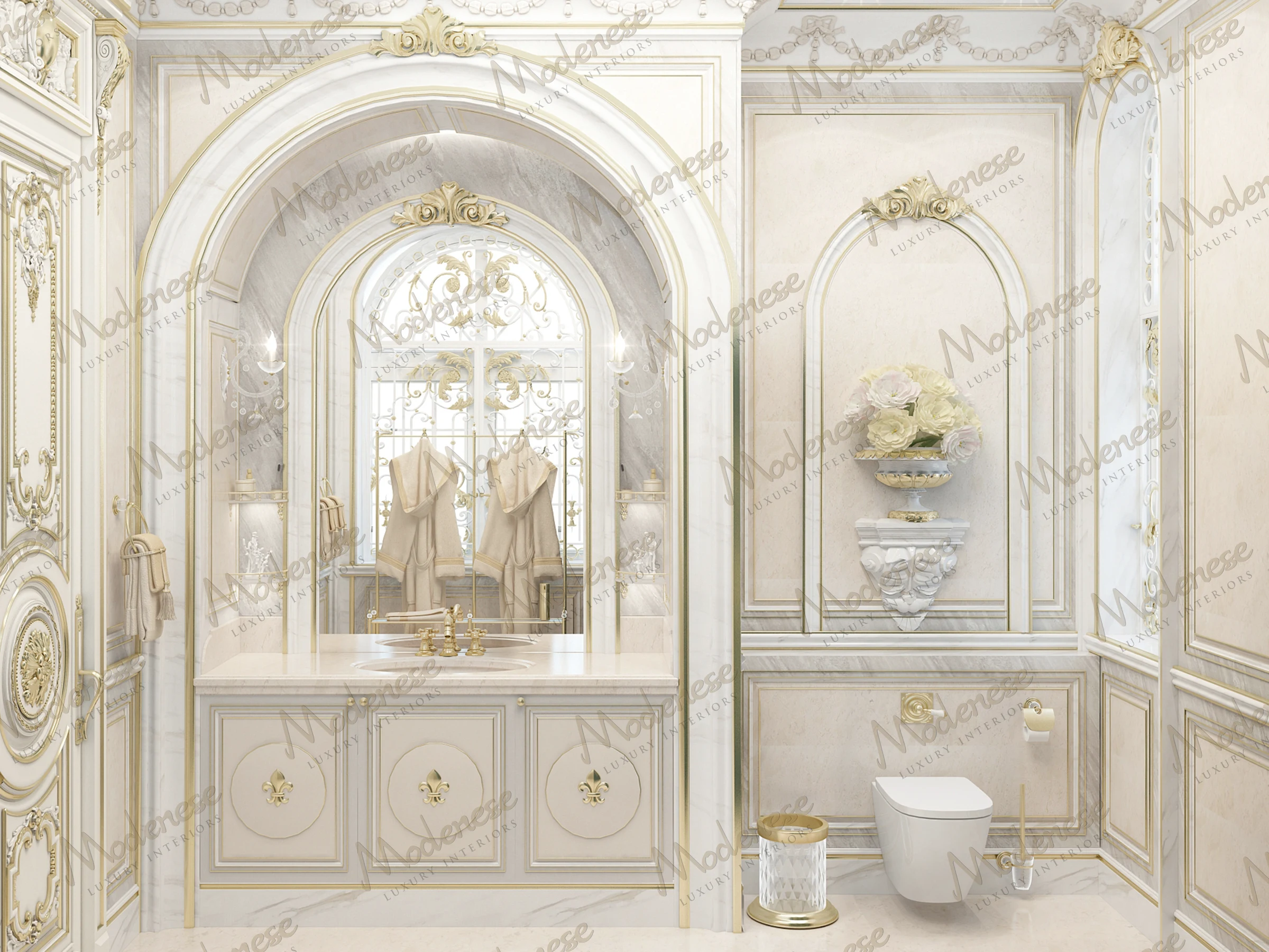 Luxurious neoclassical bathroom in a Miami villa featuring ornate archways, gold fixtures, and a sculpted floral wall niche above a wall-mounted toilet