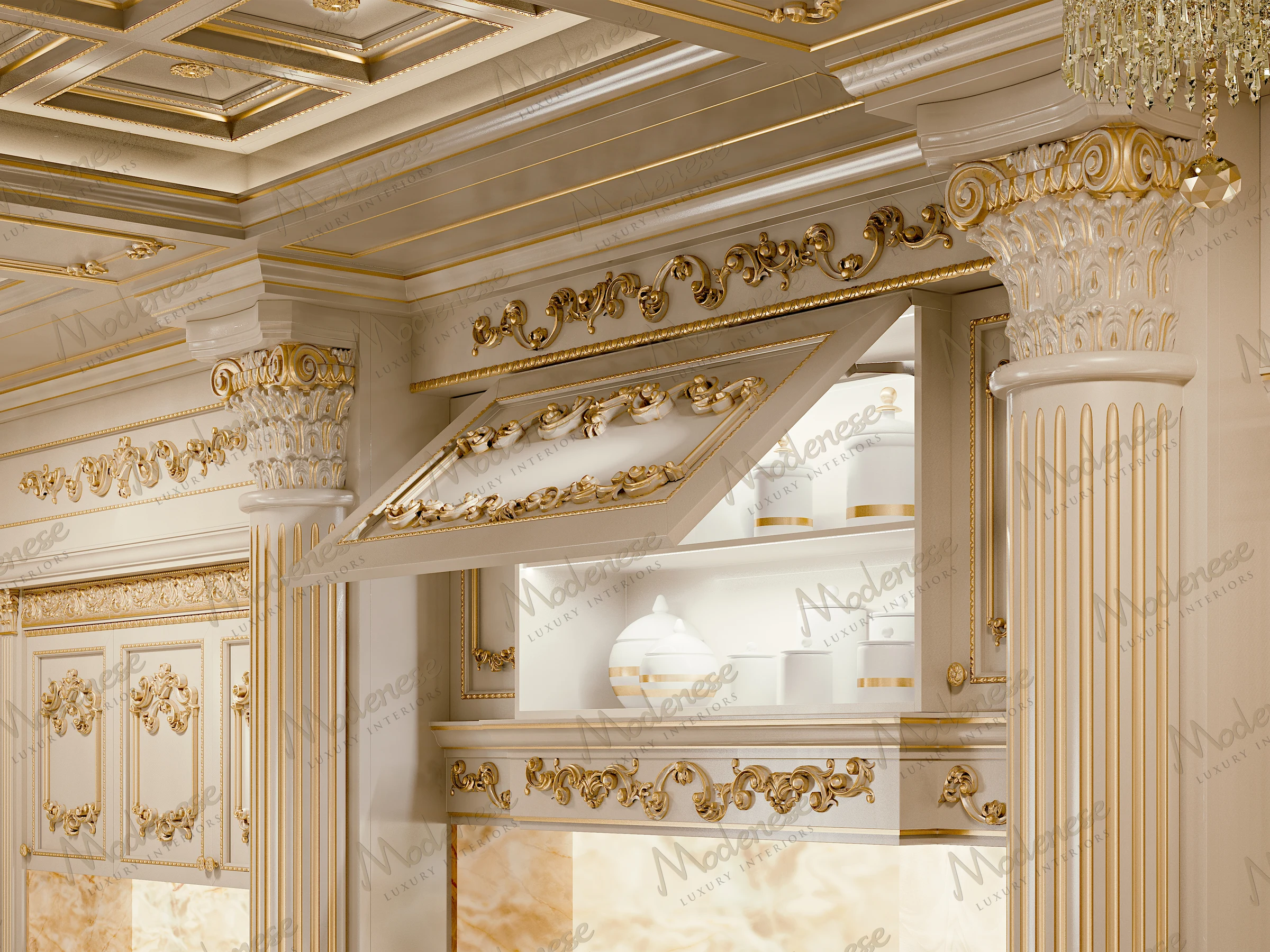 Ornate luxury kitchen cabinet with open lift-up door, showcasing white porcelain jars and classical gold-accented molding between Corinthian columns in Doha