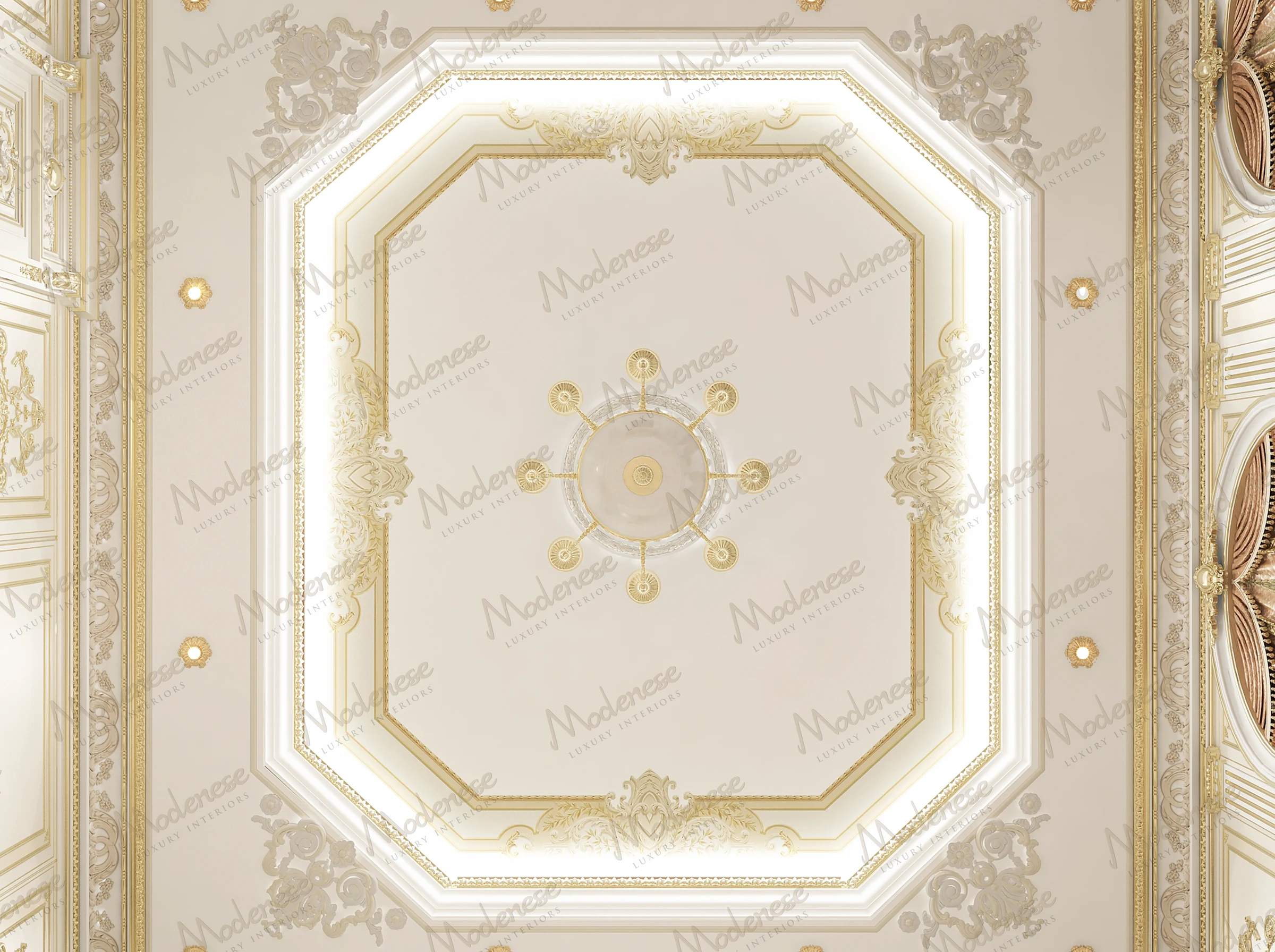 Octagonal recessed ceiling in a luxury villa with gold trim, delicate plaster details, and concealed LED perimeter lighting
