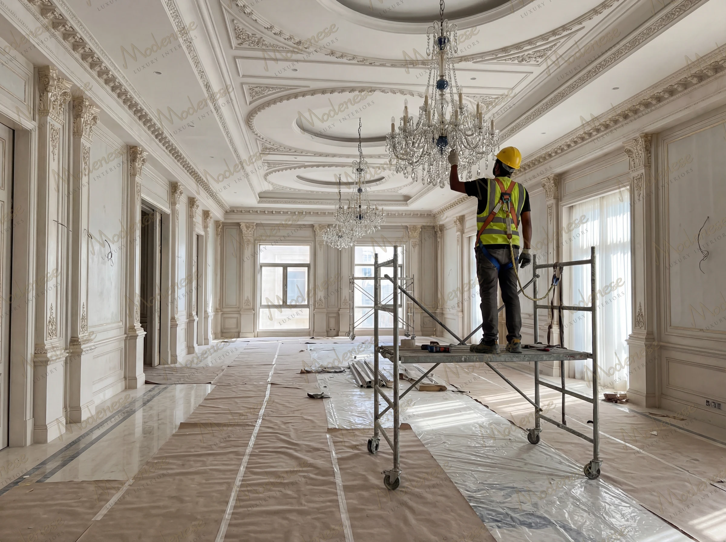 Luxury villa under construction with a worker on scaffolding adjusting a crystal chandelier beneath oval coffered ceilings and ornate wall paneling
