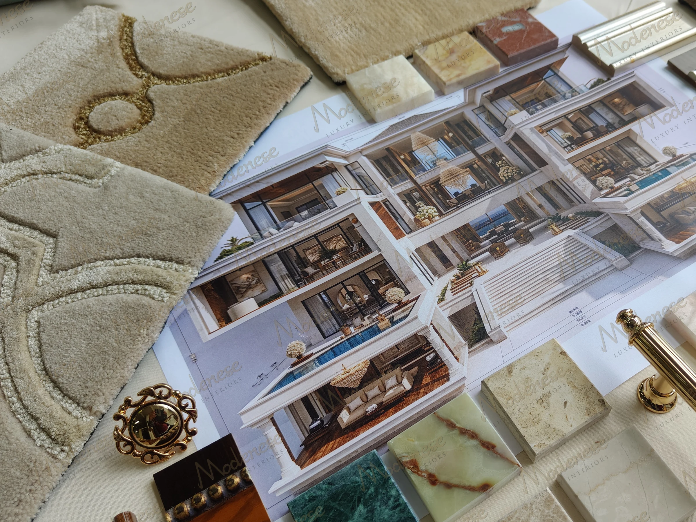 Design board for a luxury villa featuring architectural renderings, beige carpet samples, natural stone tiles, and gold-toned hardware