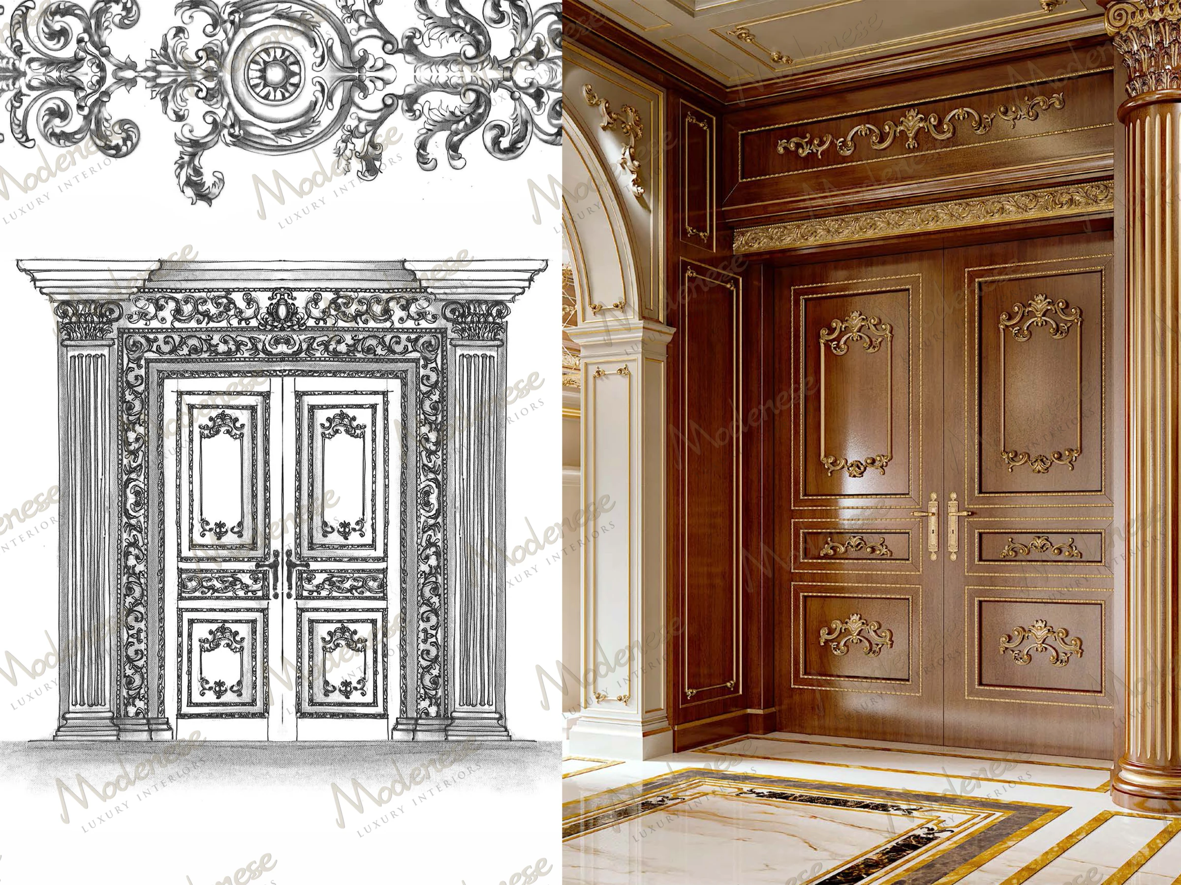An ornate classical door design sketch with the final installed wooden double doors featuring gold detailing in a luxury Manama interior