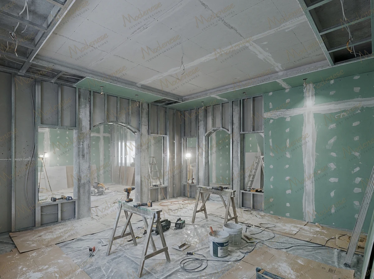 Luxury villa interior under construction with exposed steel framing, green drywall installation, arched niches, and scattered construction tools