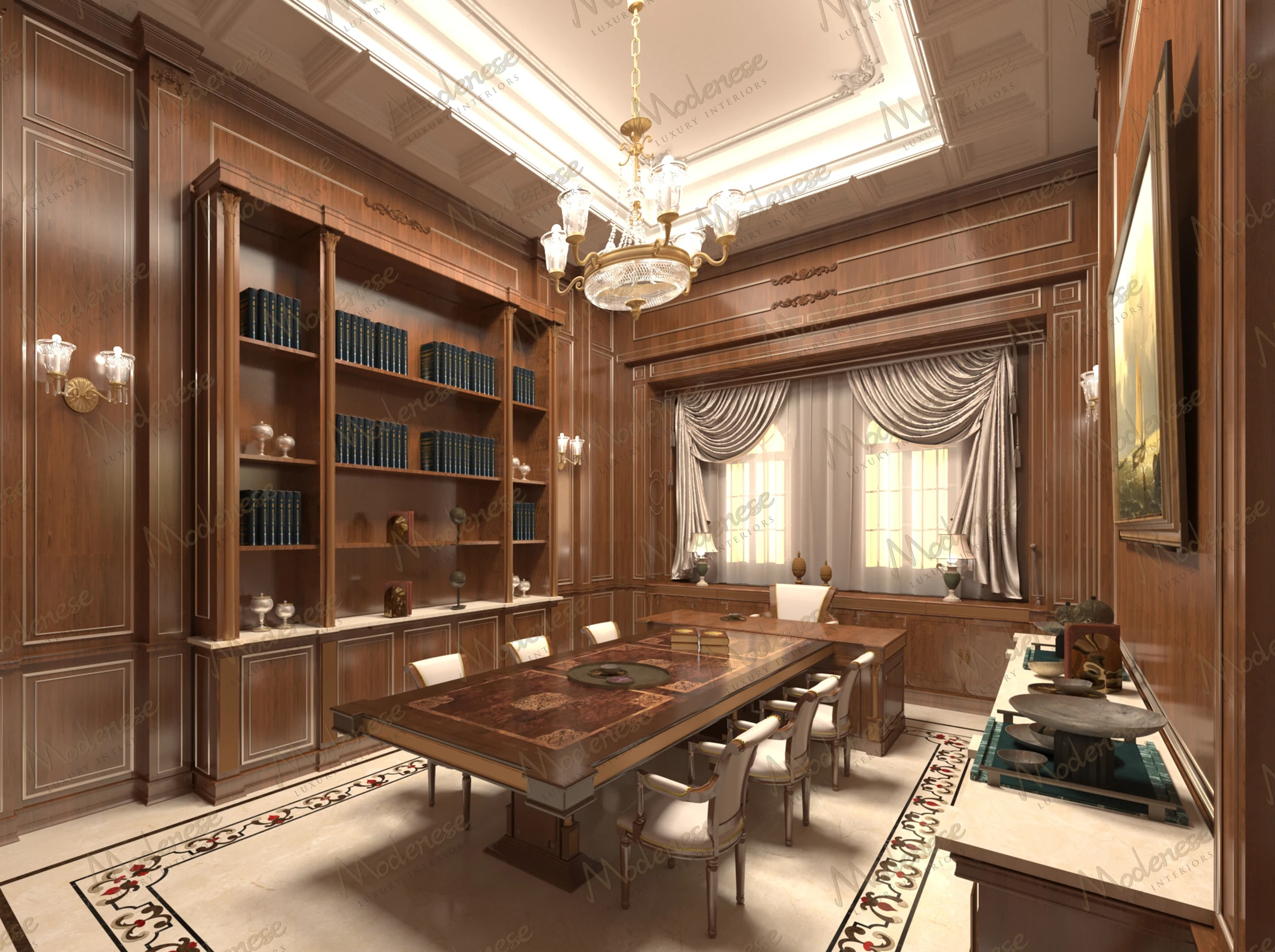Executive boardroom in a Manama villa featuring rich wood paneling, a detailed coffered ceiling, a marble inlaid table, and built-in bookcases