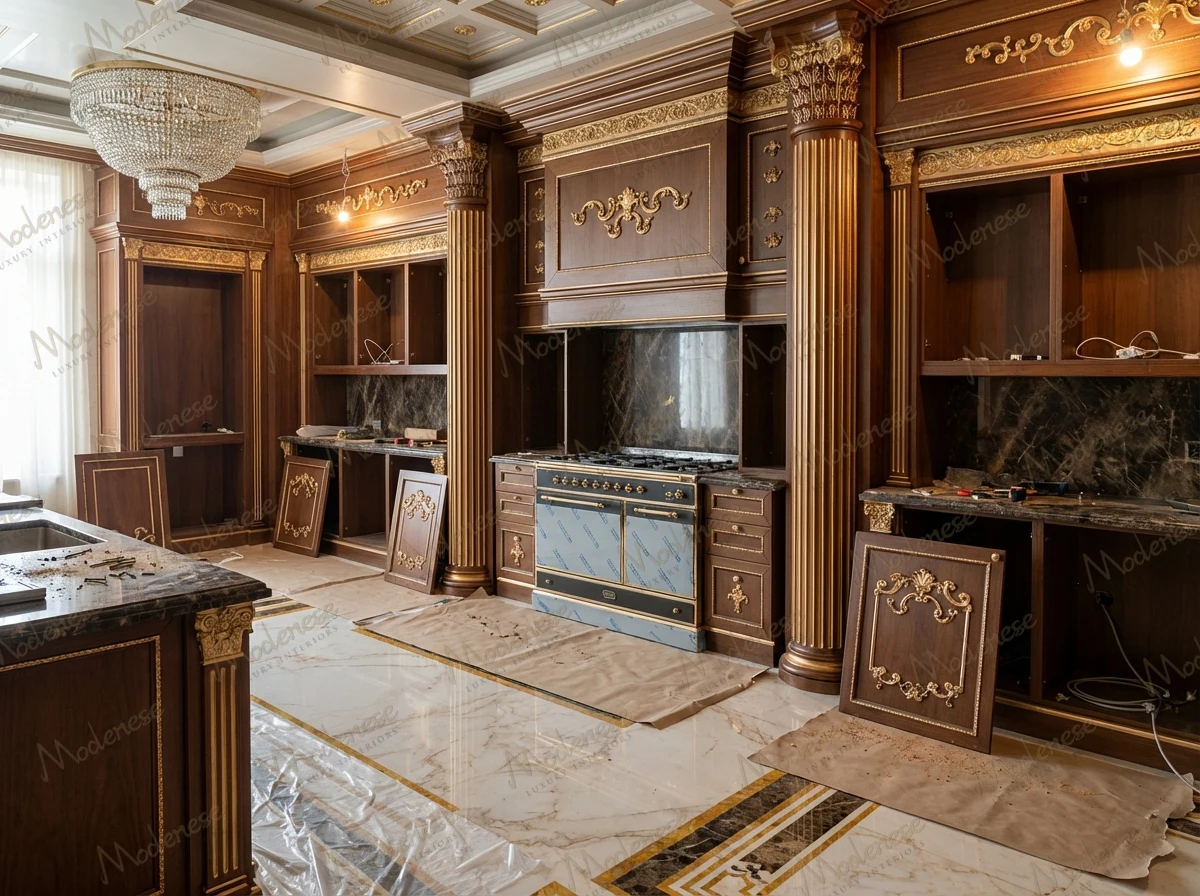 Luxurious kitchen under construction in a classic Portuguese castle featuring dark wood cabinetry with ornate gold detailing, marble flooring, and a large crystal chandelier