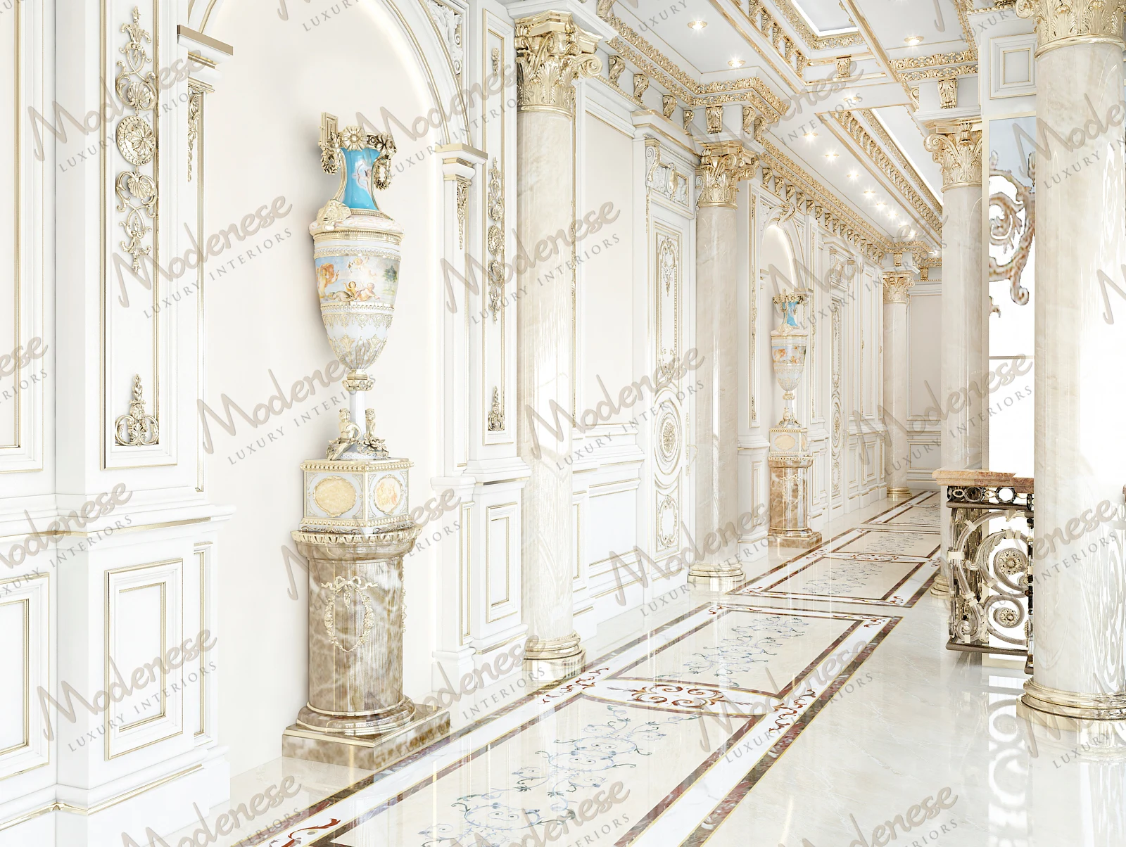 Bright palace hallway with glossy marble floors, decorative wall moldings, Corinthian columns, and ornate vases on pedestals
