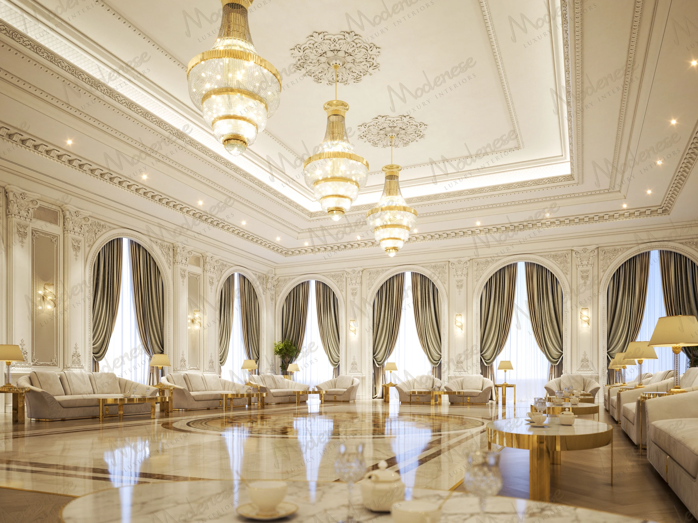 Majestic hall in Africa Royal Palace with grand chandeliers, arched drapery-covered windows, and plush seating arranged around a central marble floor medallion