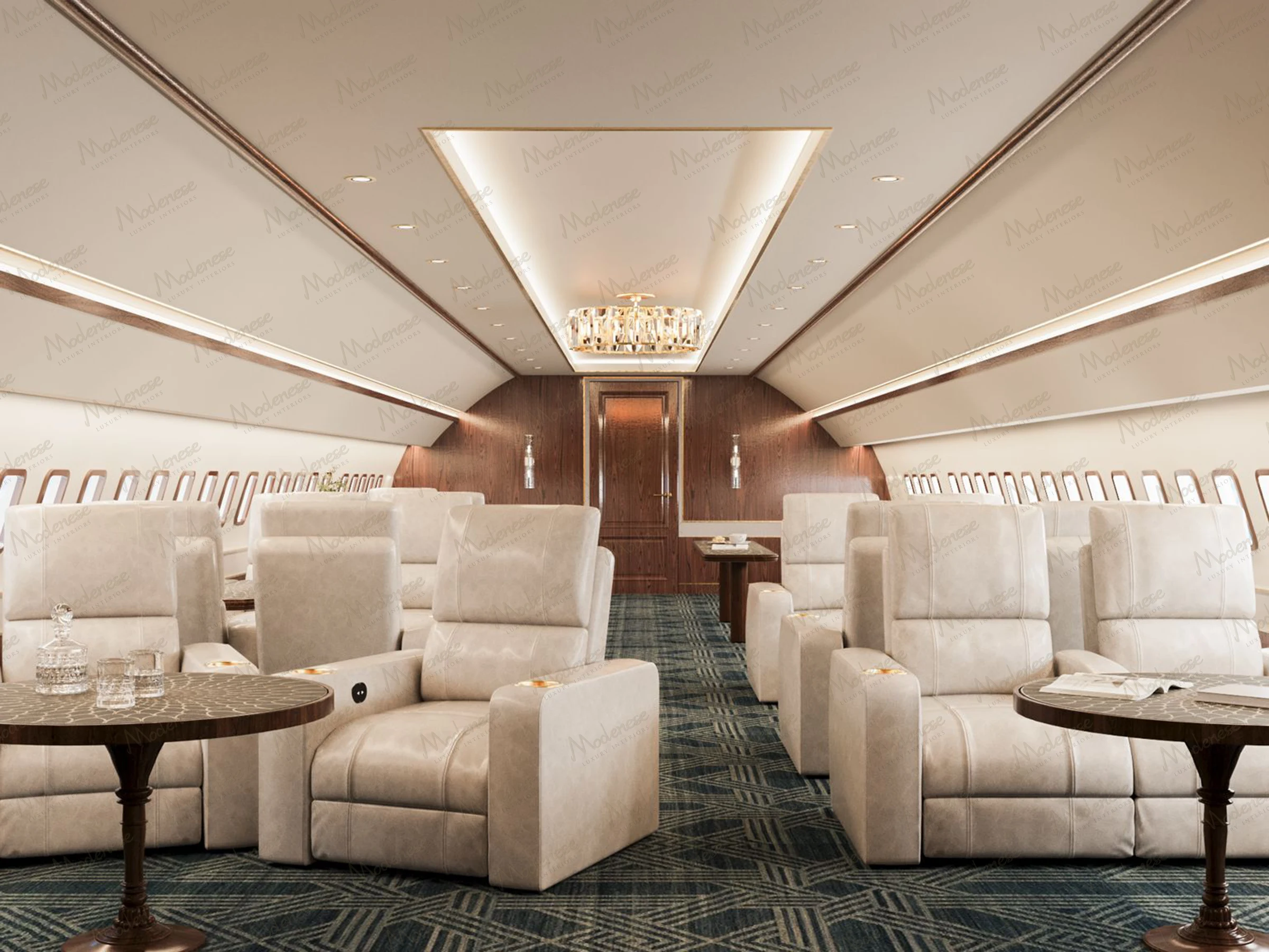 Lavish dining and meeting area inside the American President's private jet featuring plush leather seating with quilted accents, an elegant oval table set for fine dining, and a large screen framed by marble paneling