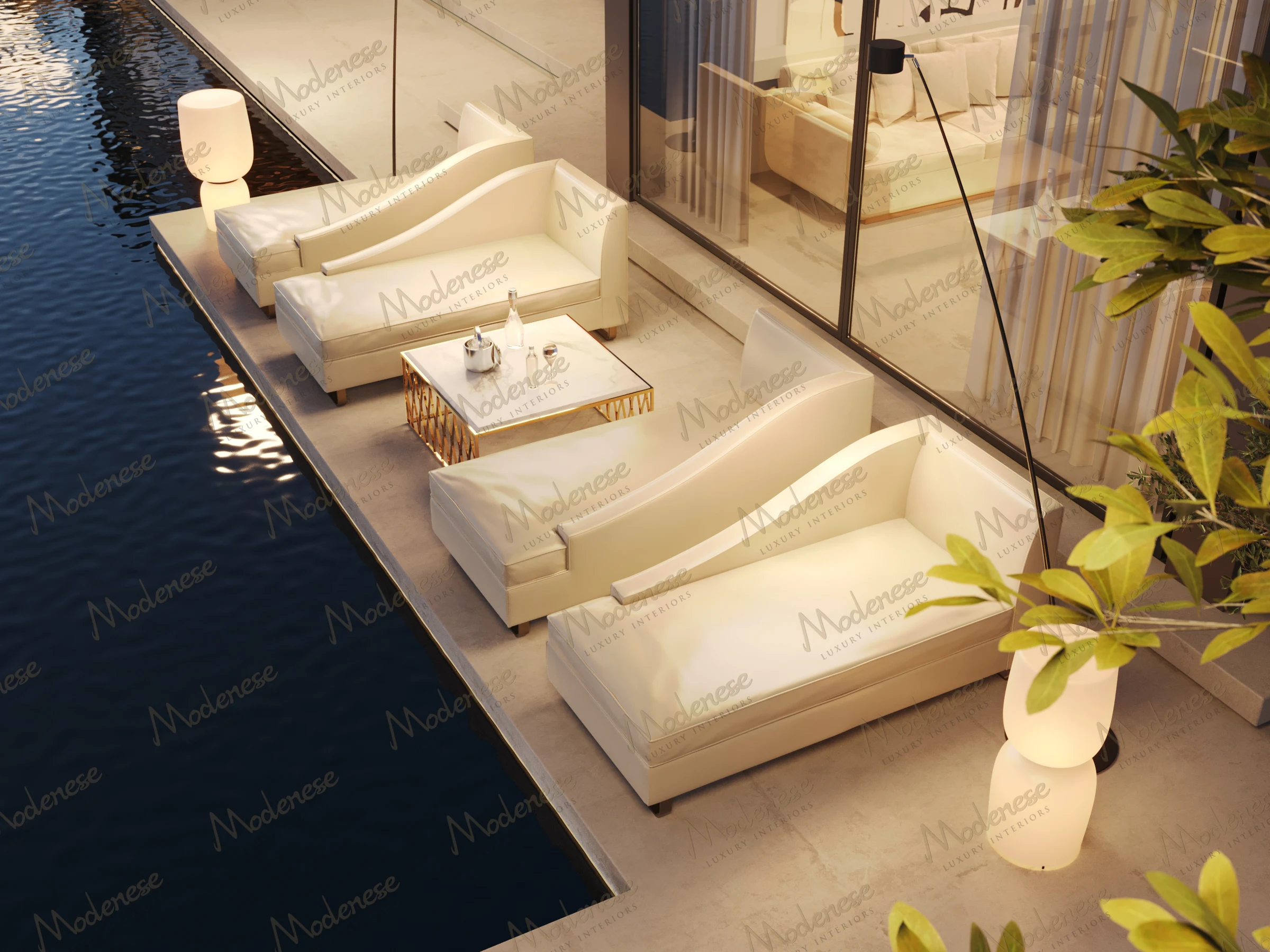 Elegant poolside lounge area of a luxury Dubai villa featuring curved white loungers, a marble and gold coffee table, and ambient lighting by the water