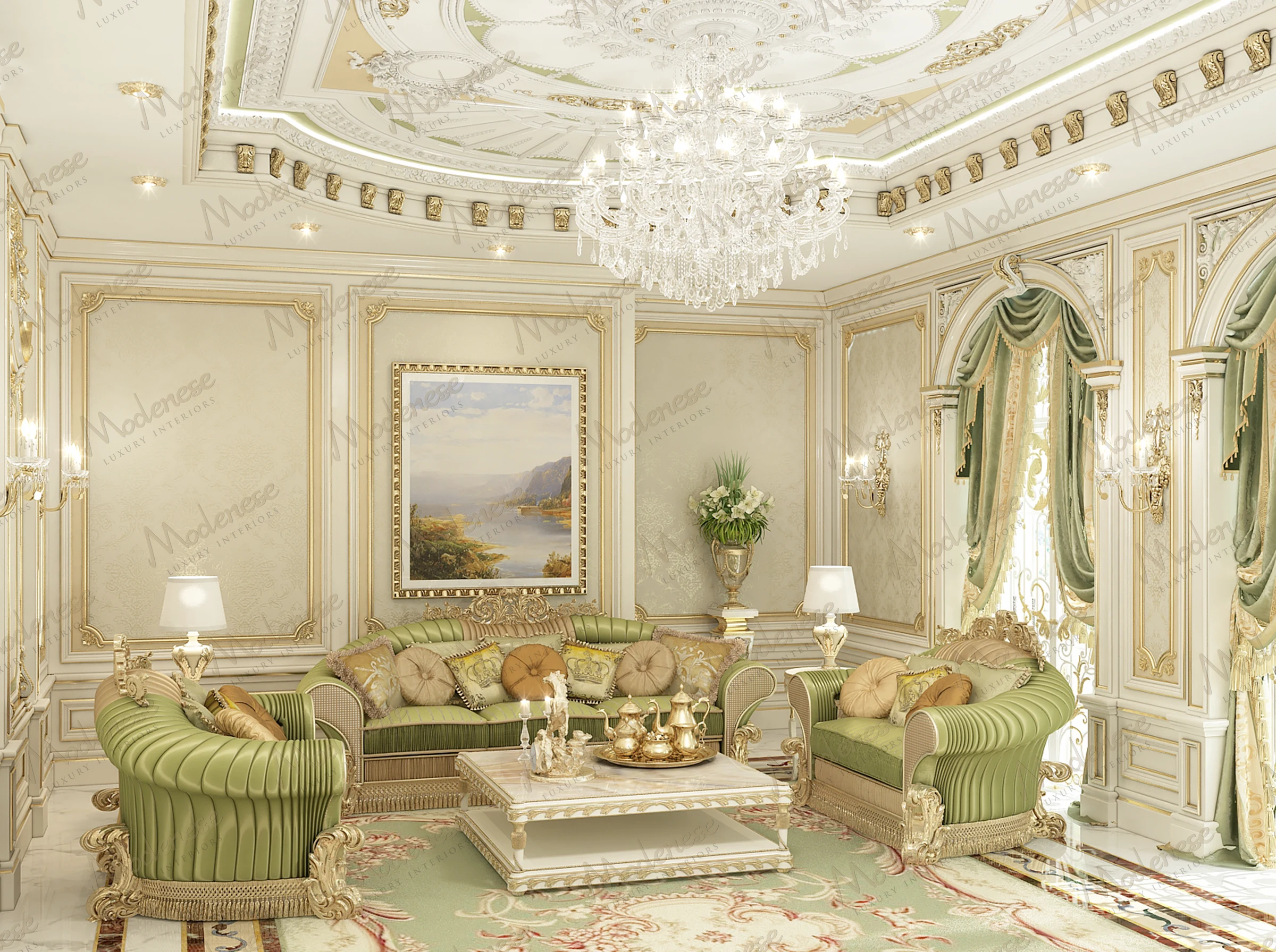 Ornate living room in an Anambra mansion featuring green and gold upholstered furniture, a grand crystal chandelier, floral ceiling medallion, and arched drapery