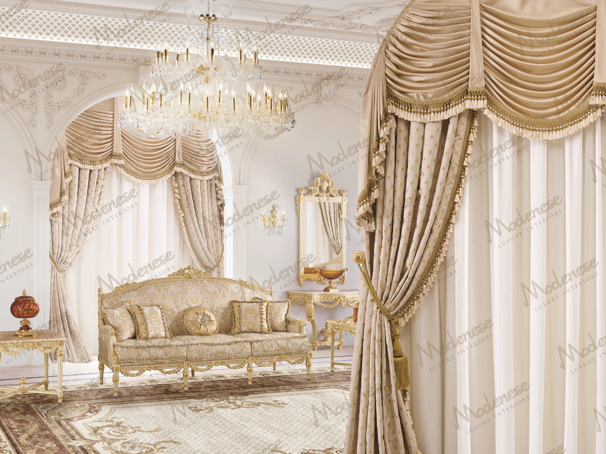 Elegant sitting room with cream and gold upholstered furniture, crystal chandelier, and pleated beige curtains with tassel trims in a classic palace setting