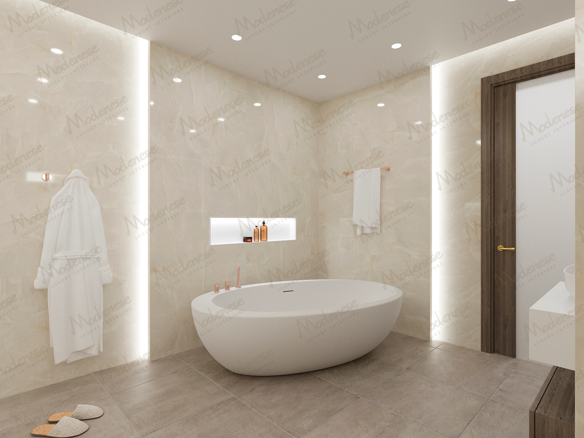 Minimalist bathroom in a Nashville villa featuring a freestanding oval bathtub, beige marble-effect walls, backlit shelving, and soft ambient lighting