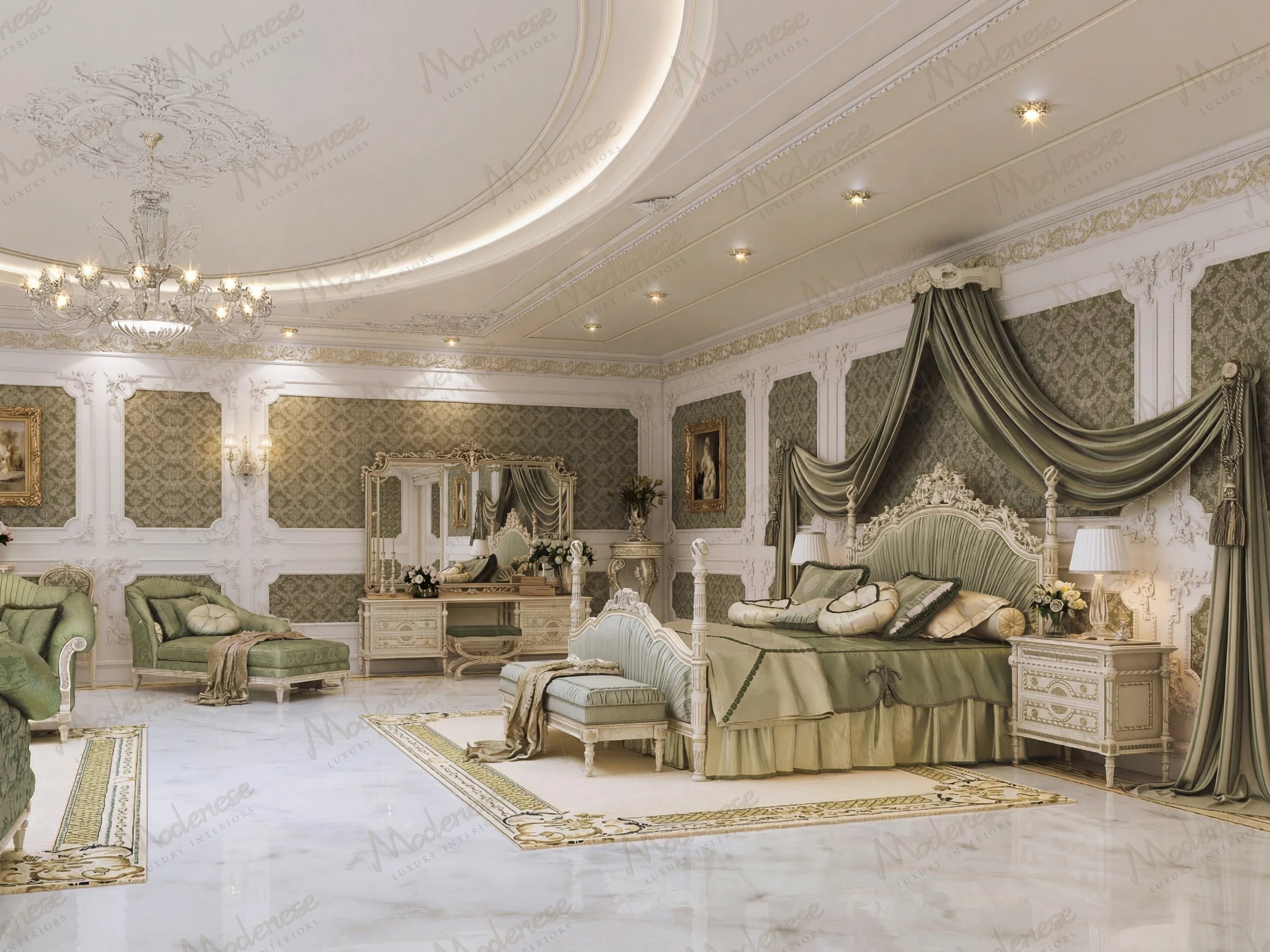 Turnkey interior fit out of a luxurious neoclassical bedroom featuring ornate green drapery, carved furniture, and polished marble flooring