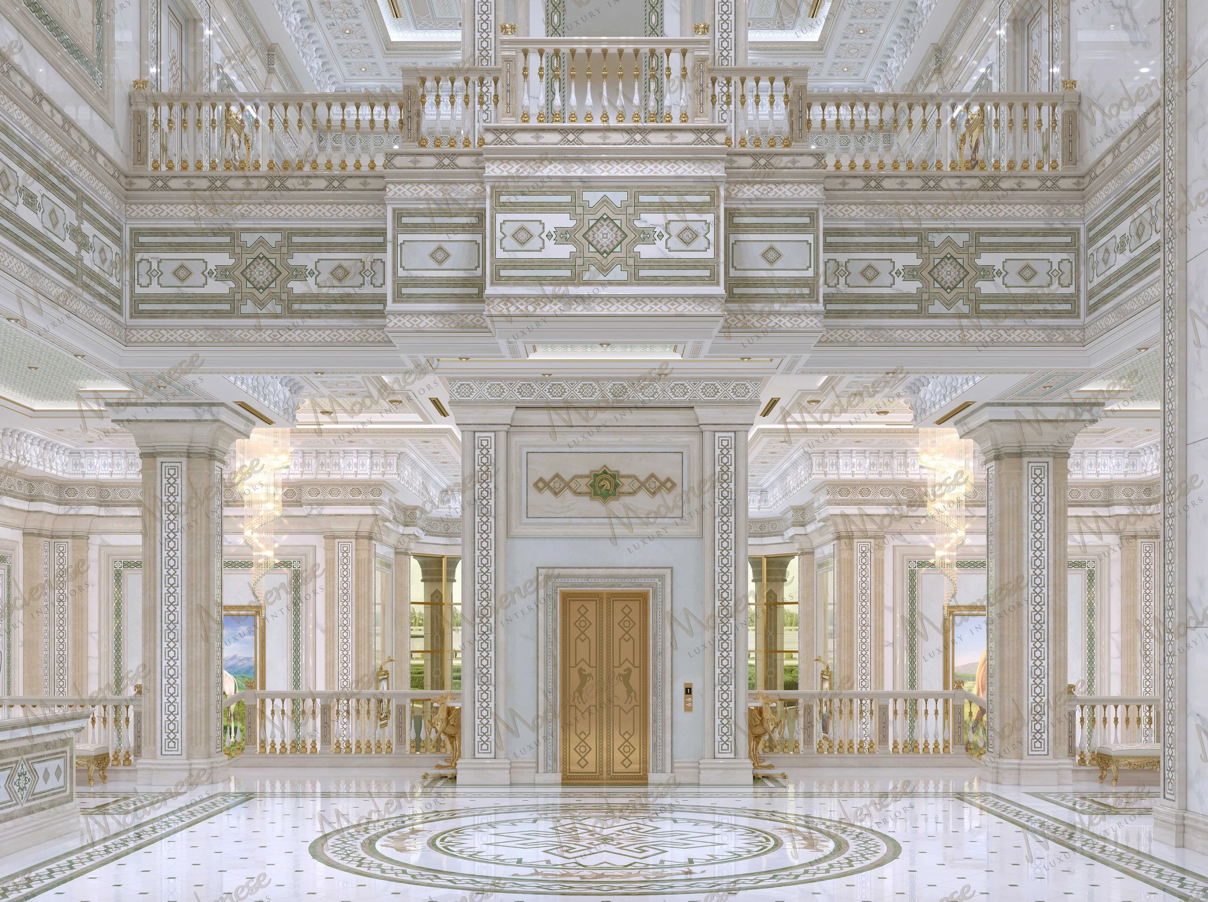 Palatial atrium in a Qatar residence with intricate geometric wall detailing, gold-accented elevator, circular mosaic floor, and layered balconies