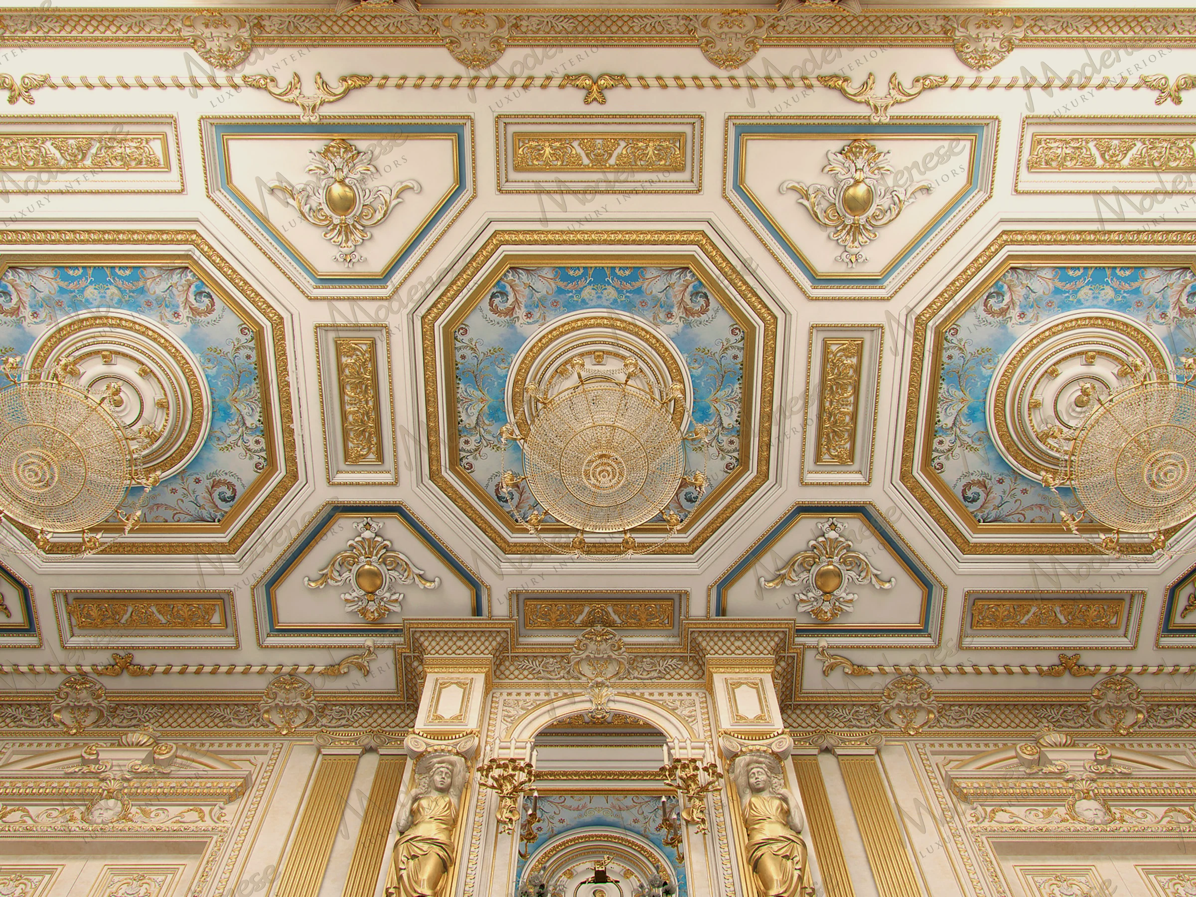 Ornate ceiling in a luxury presidential villa featuring gold-trimmed panels, blue floral insets, and grand crystal chandeliers