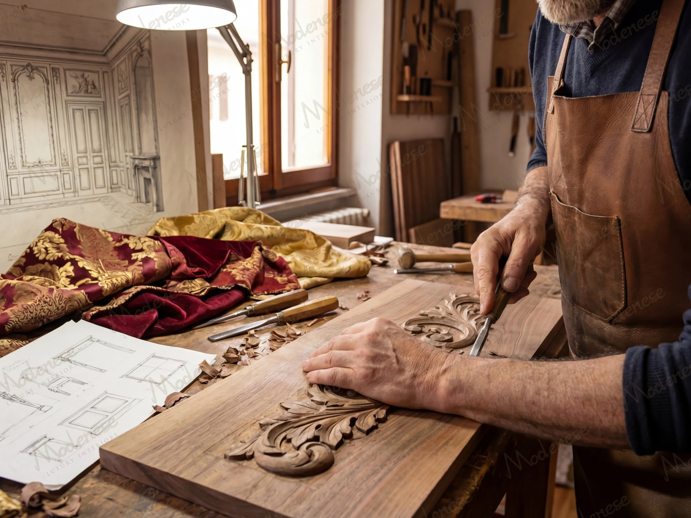 Turnkey interior fit out showing artisan hand-carving wood panels beside architectural sketches and opulent fabric swatches