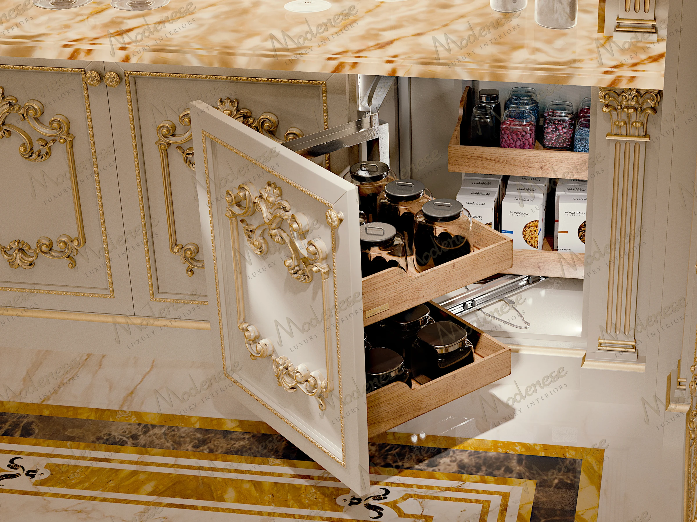 Elegant kitchen base cabinet with open pull-out shelves storing labeled glass jars and dry goods, set against gold-trimmed paneling and a marble countertop in Doha