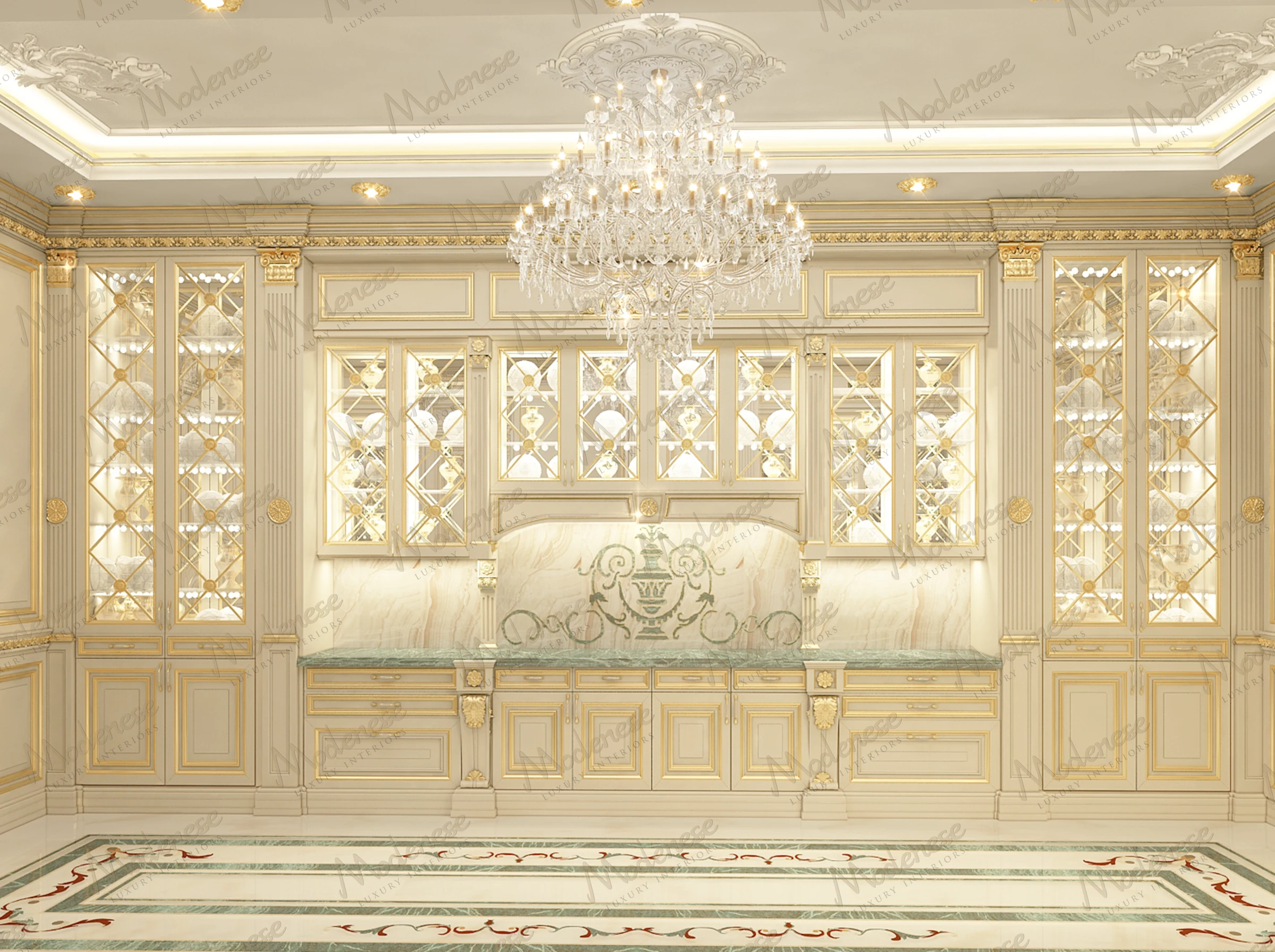 Luxurious display kitchen in an Abuja villa featuring glass-front cabinetry with golden trim, crystal chandelier, and a marble backsplash with ornamental motif