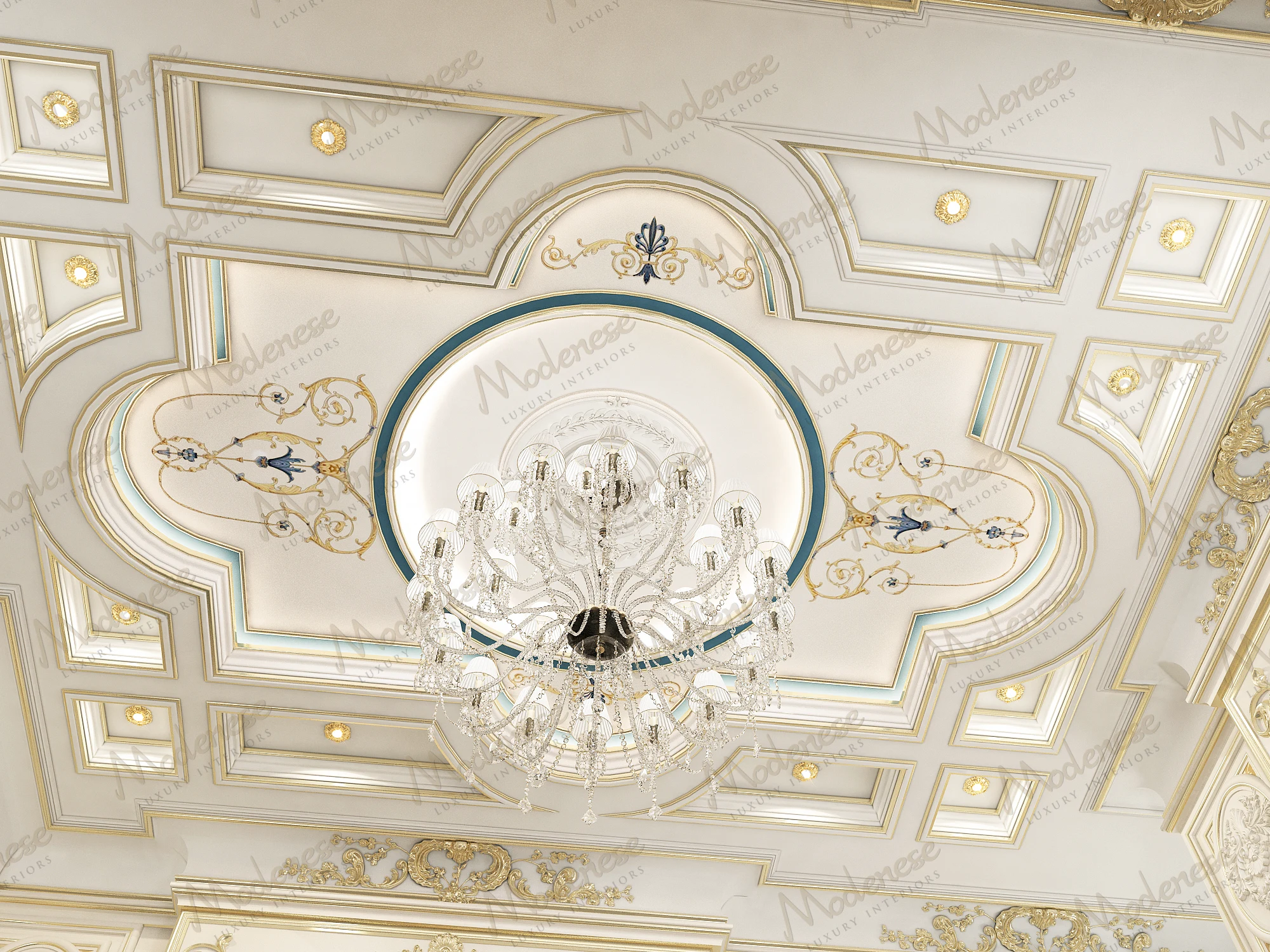 Decorative ceiling in a palace-style interior with gold and blue flourishes surrounding a central crystal chandelier