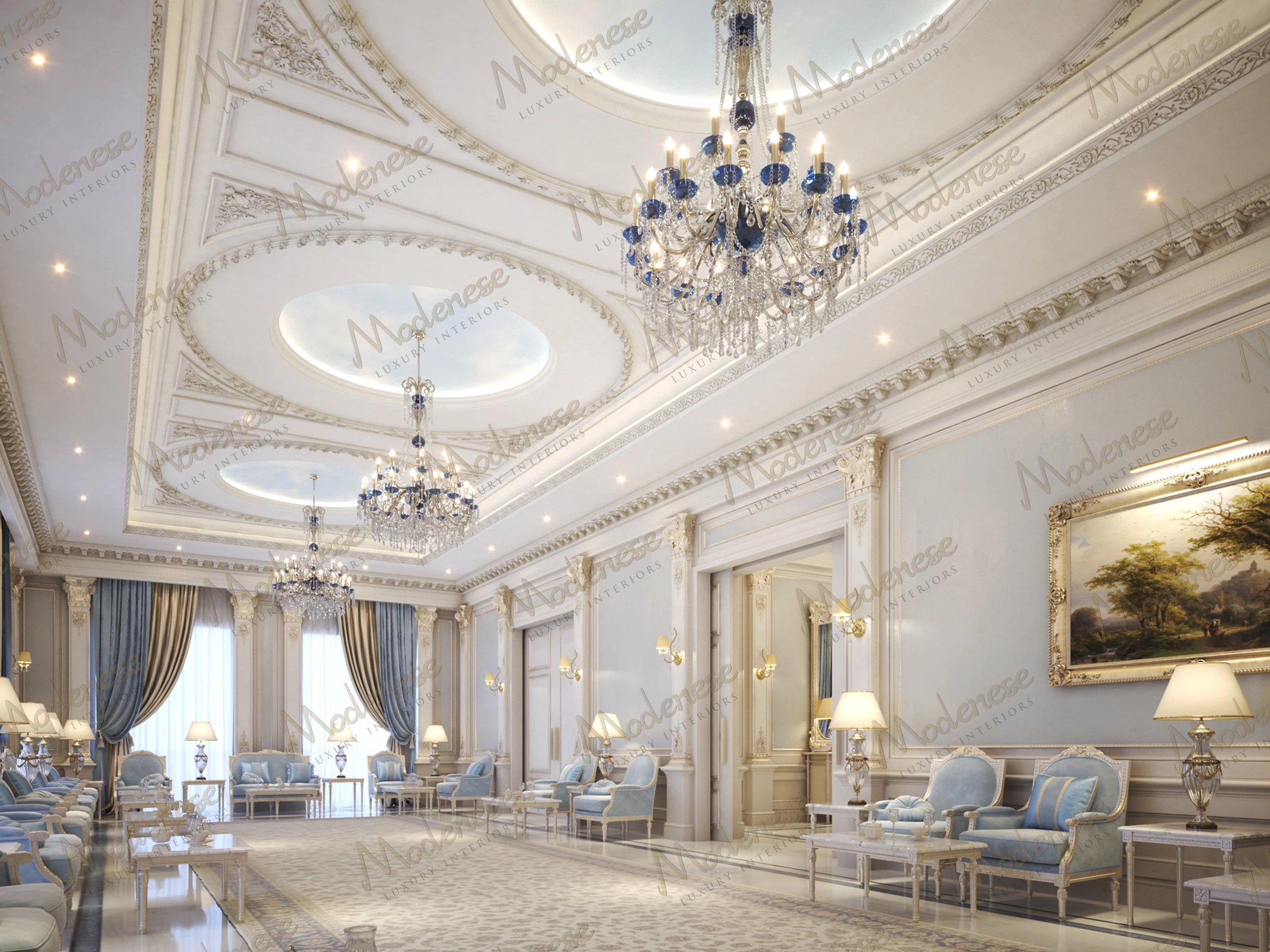 Fully furnished palace interior with symmetrical crystal chandeliers, sky-themed ceiling insets, and neoclassical furniture in blue and cream tones