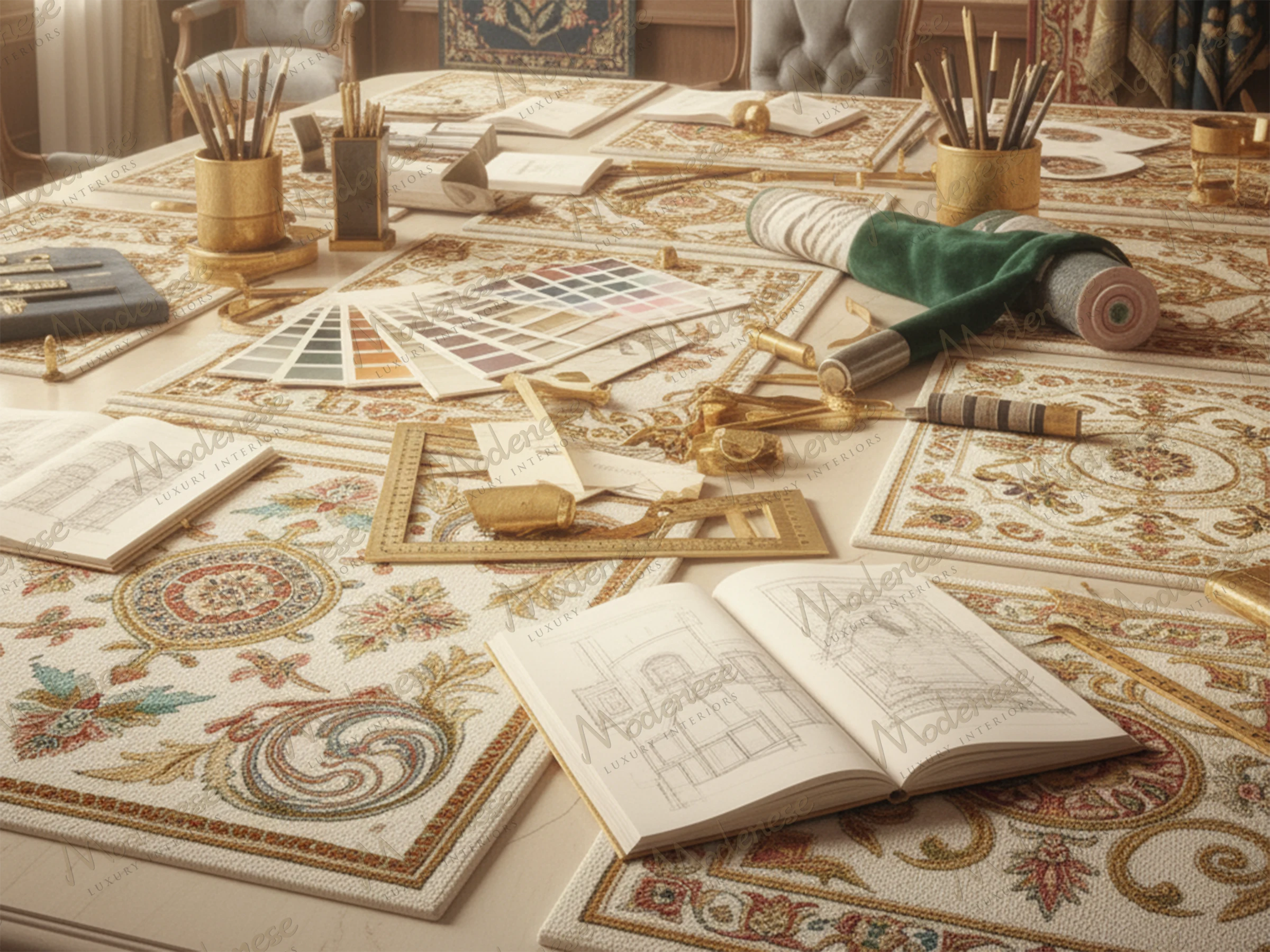 Artistic workspace for custom carpet design with floral-patterned samples, sketchbooks, color swatches, and golden drafting tools on an embroidered tabletop