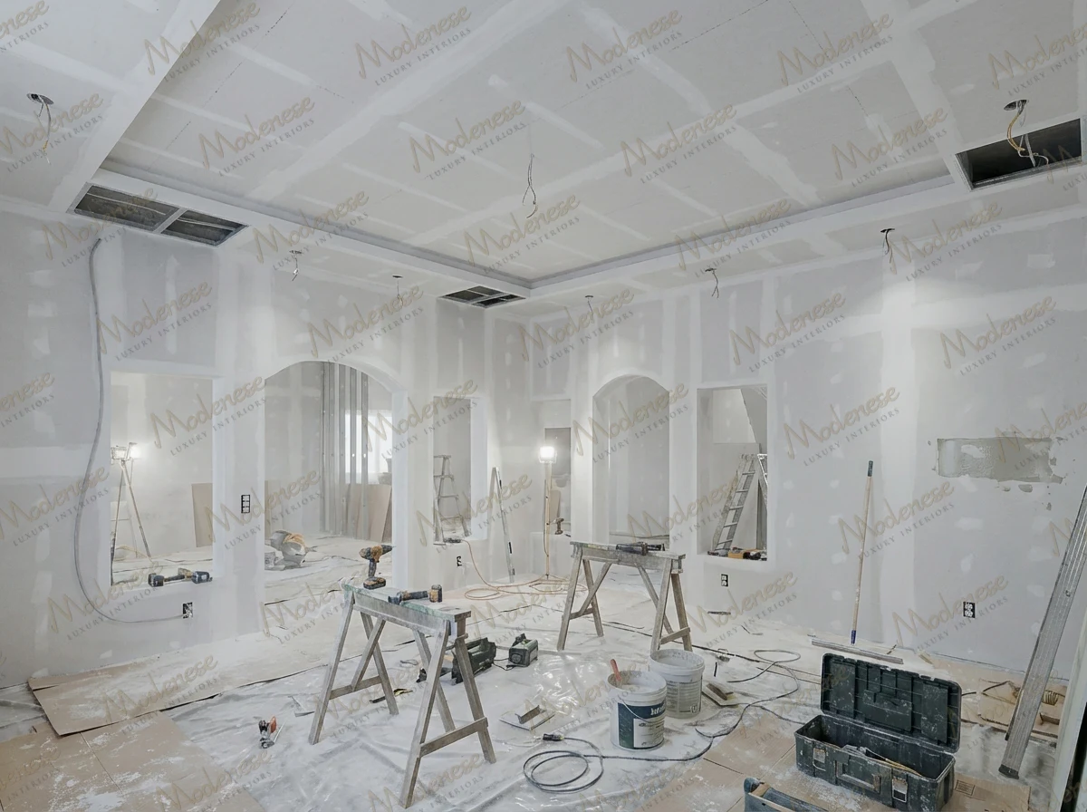Progressed drywall phase in a luxury villa with fully taped and mudded walls, arched niches, and ongoing electrical preparations