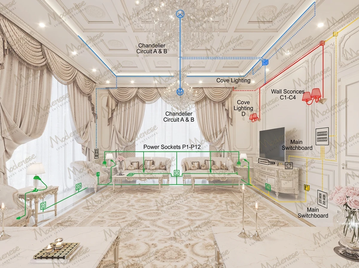 Diagram overlay of a Miami villa living room showing detailed electrical layout including chandelier circuits, cove lighting, wall sconces, and power sockets