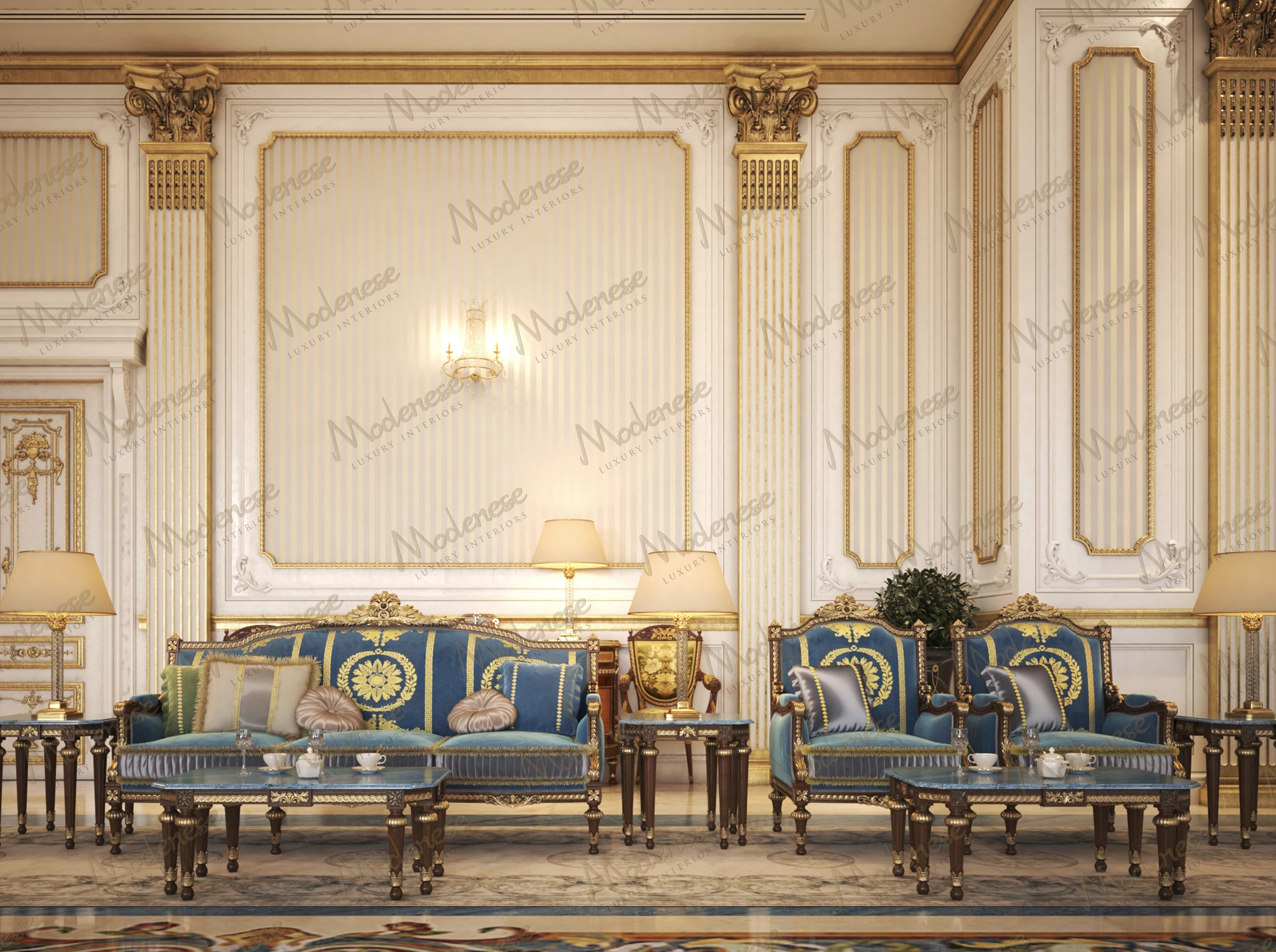 Elegant sitting area in a Manama residence with classic royal blue and gold upholstered furniture, ornate wall paneling, and traditional sconce lighting