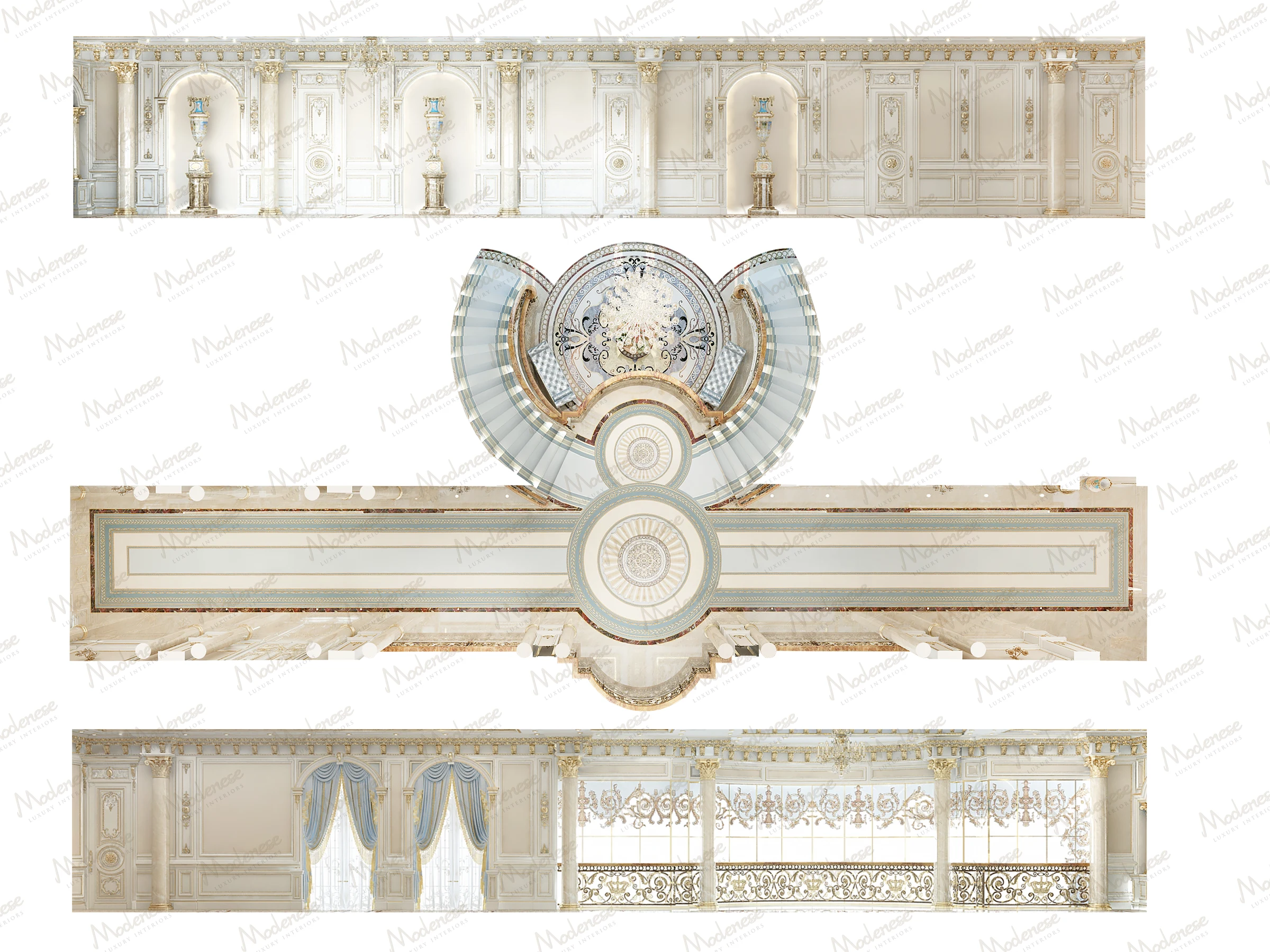 Architectural elevation and ceiling plan of a luxurious Bahrain palace interior showing classical wall panels, drapery, staircases, and intricate floor designs