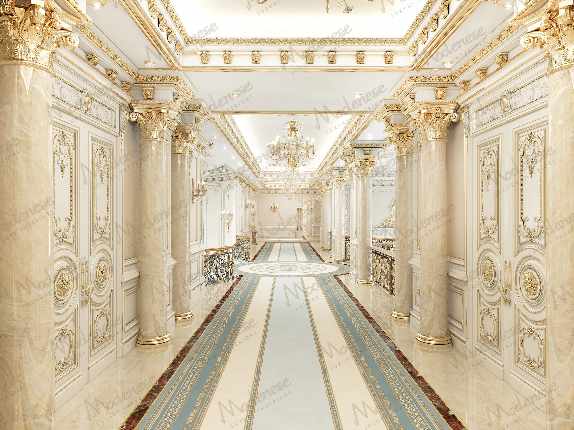 Grand corridor in a luxury palace featuring beige marble columns, intricate gold moldings, chandeliers, and paneled double doors