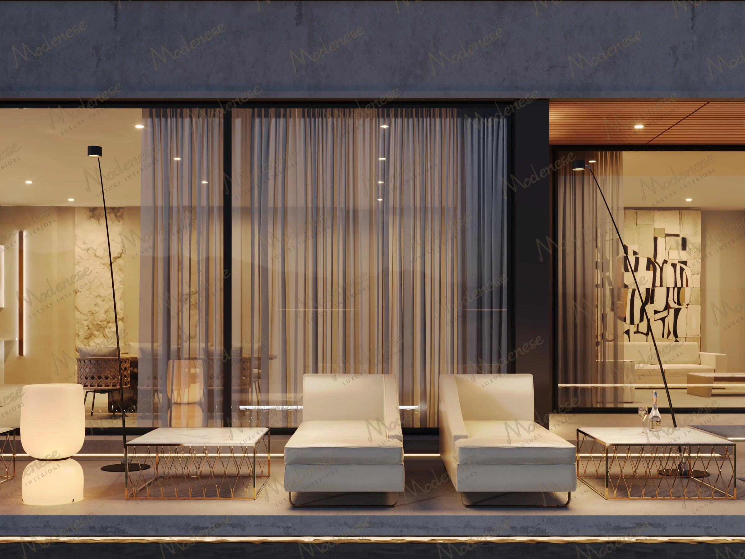 Symmetrical outdoor seating arrangement at a luxury Dubai villa with sheer curtains, modern lighting, and golden accent tables